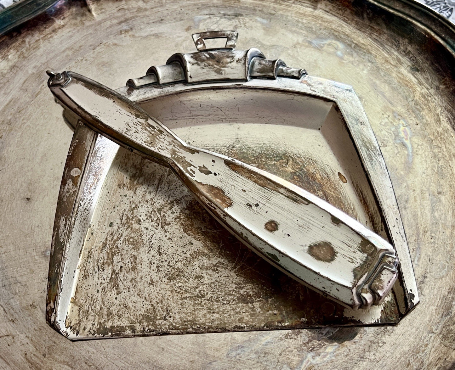Antik Art Deco Tisch Kehrset Kehrgarnitur Krümmelkehrer versilbert Bauhaus
