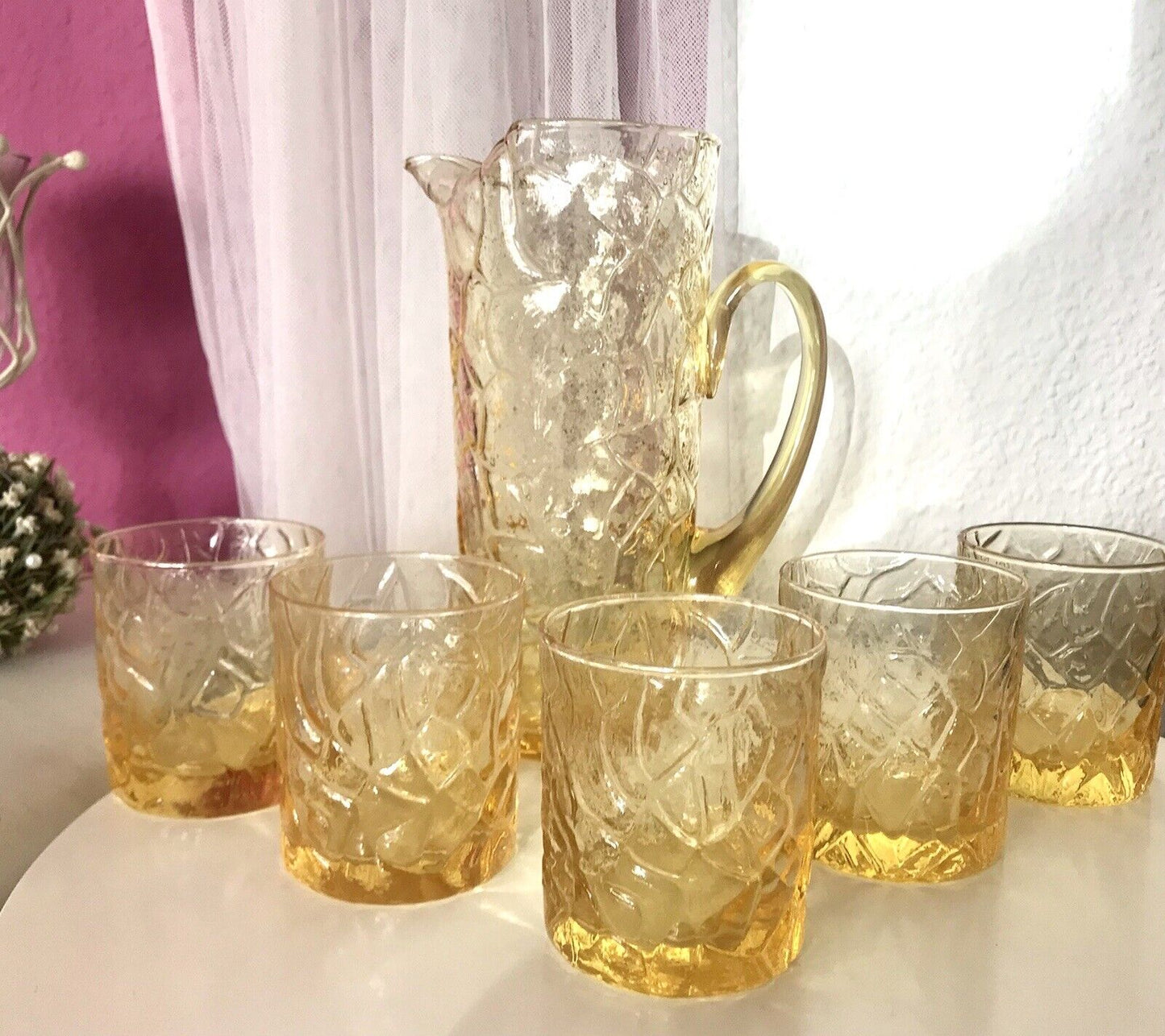 Vintage Designer 60er 70er Krug Kanne Karaffe 5 Becher gelb Glas Reptil Struktur