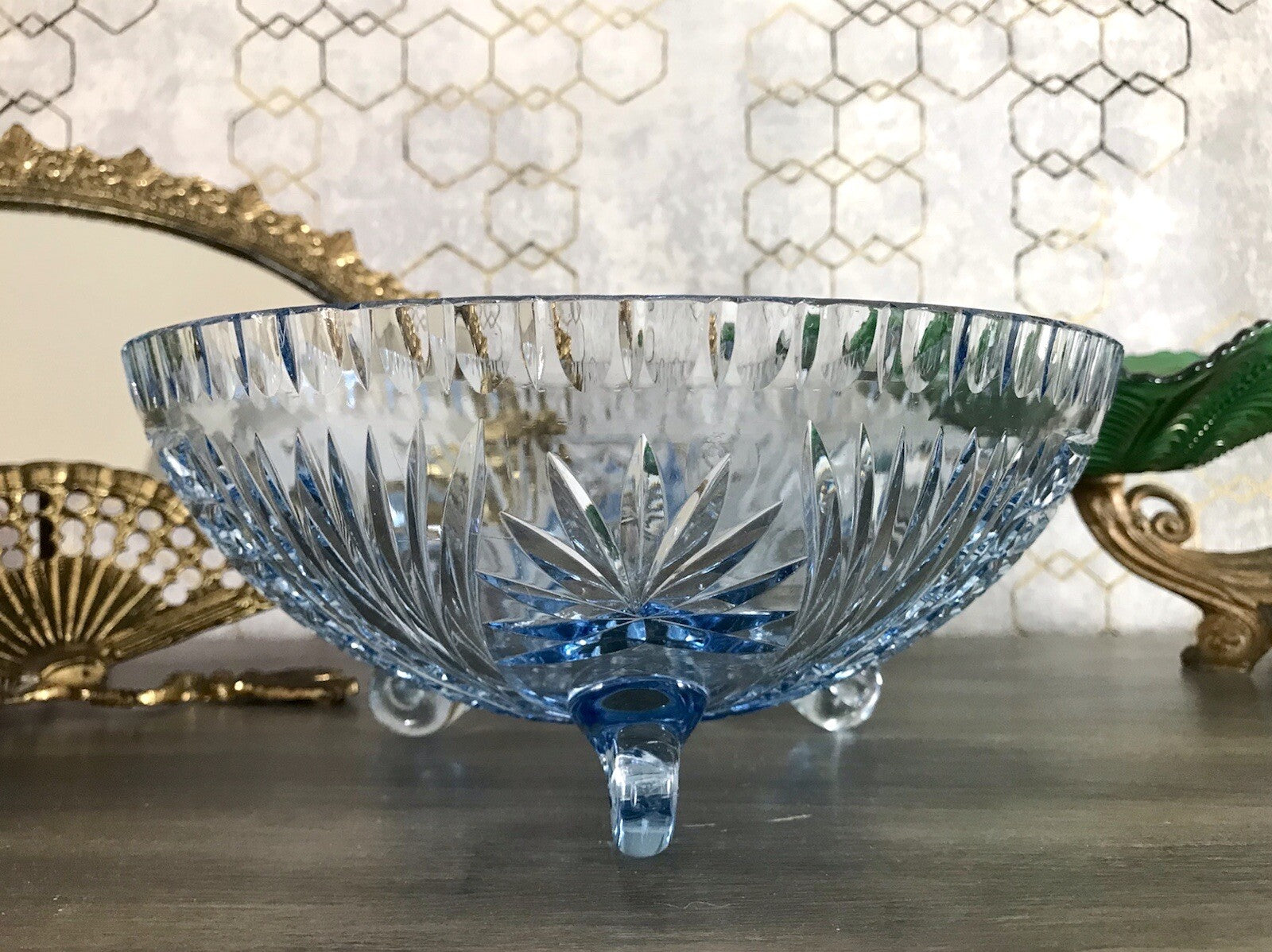 Antik EDEL blau Art Déco Schale Glasschale mundgeblasen geschliffen 3füssig