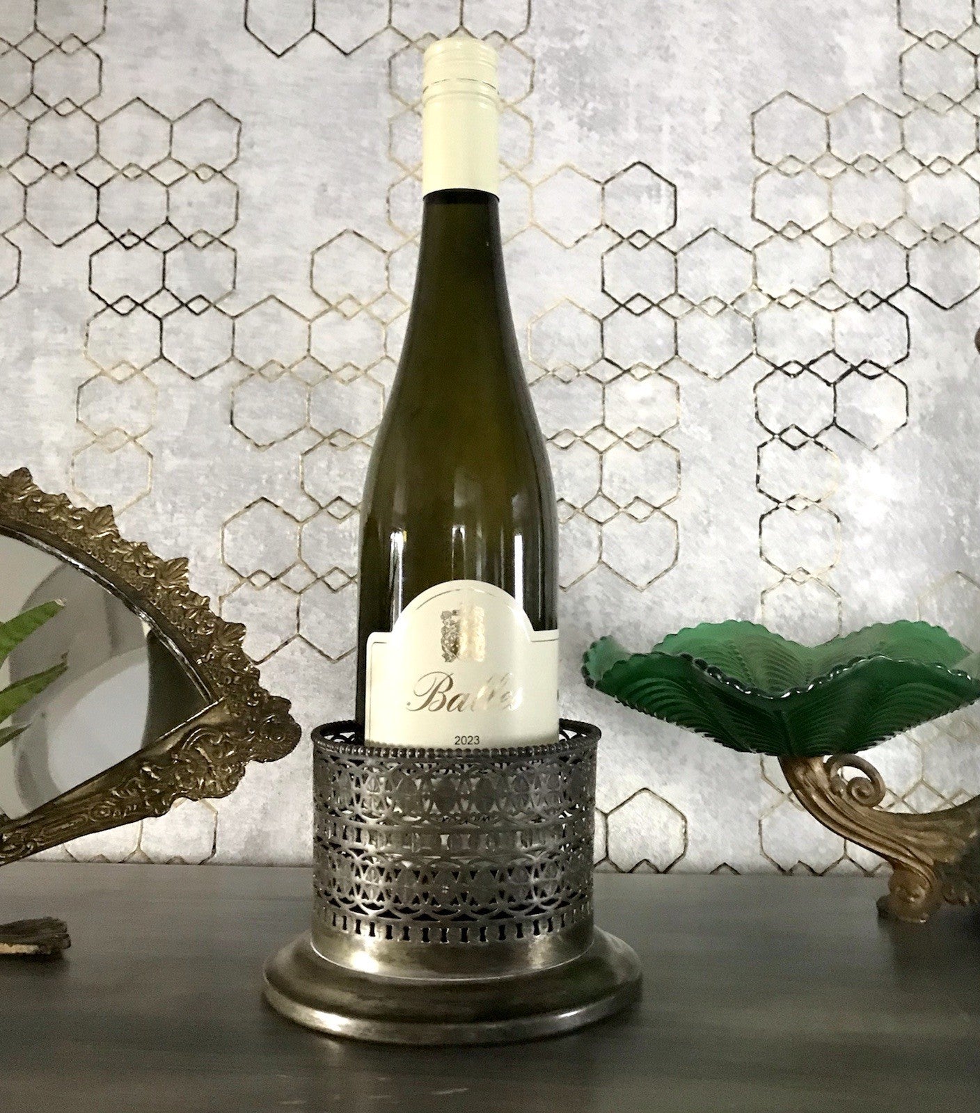 Antik Flaschenhalter Weinflaschenhalter versilbert Jugendstil wunderschön