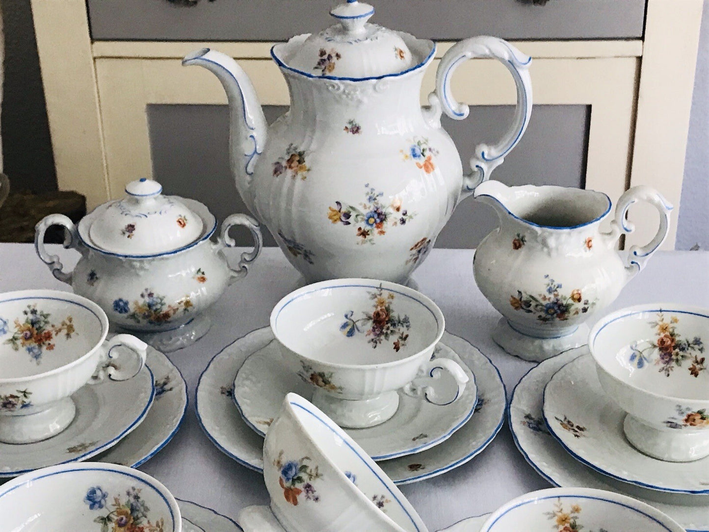 Antik spätes Art Déco Porzellan Kaffeeservice Stadtlengsfeld Rhön 1949-52