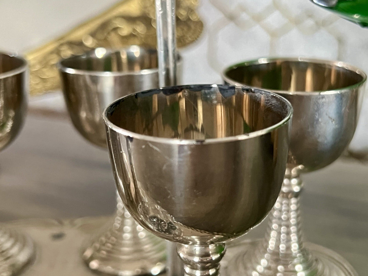 Antik Menage Eiermenage Frühstück Metallmontur Glaseinsatz 6 Eierbecher