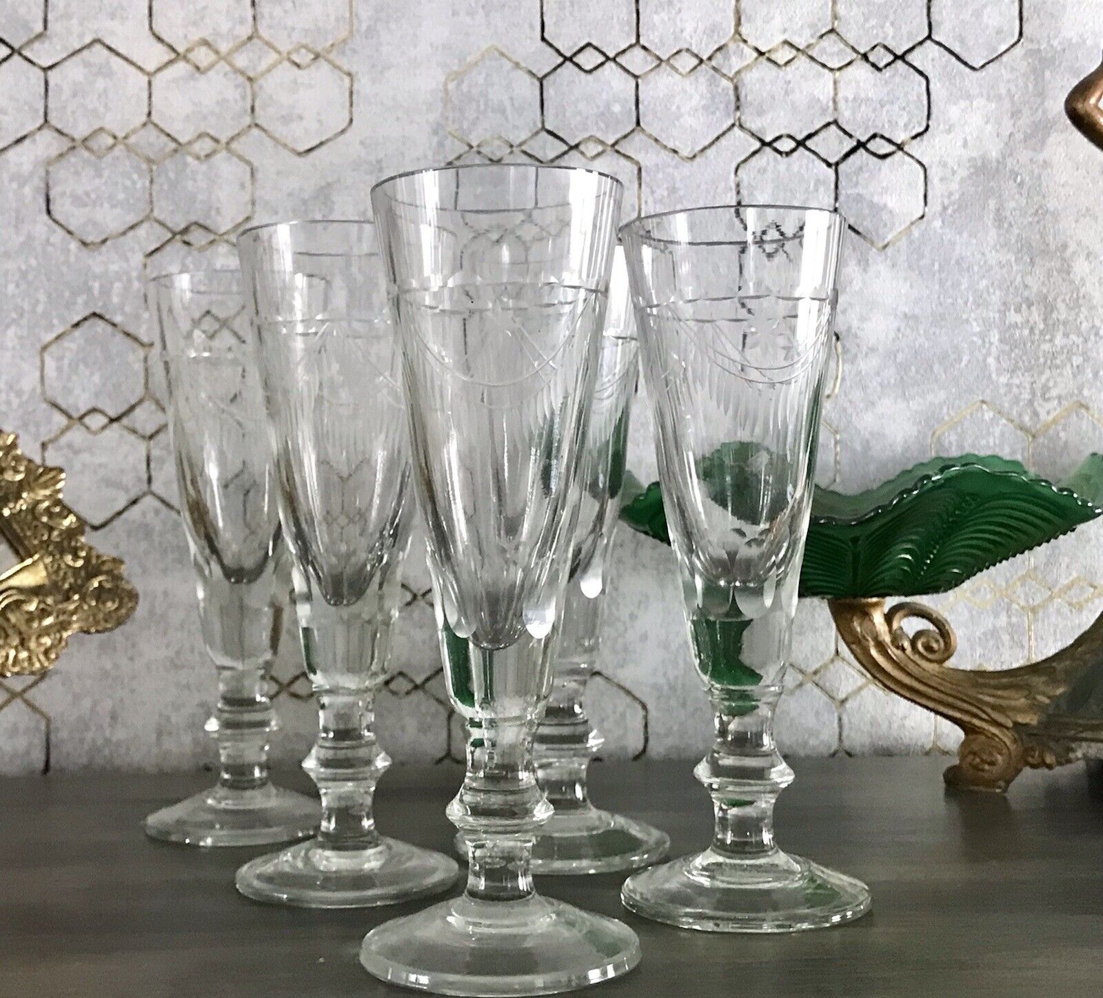 Antik 5 Champagner Sektflöten Sektgläser Glas Kristallglas ? Schliff Abriss