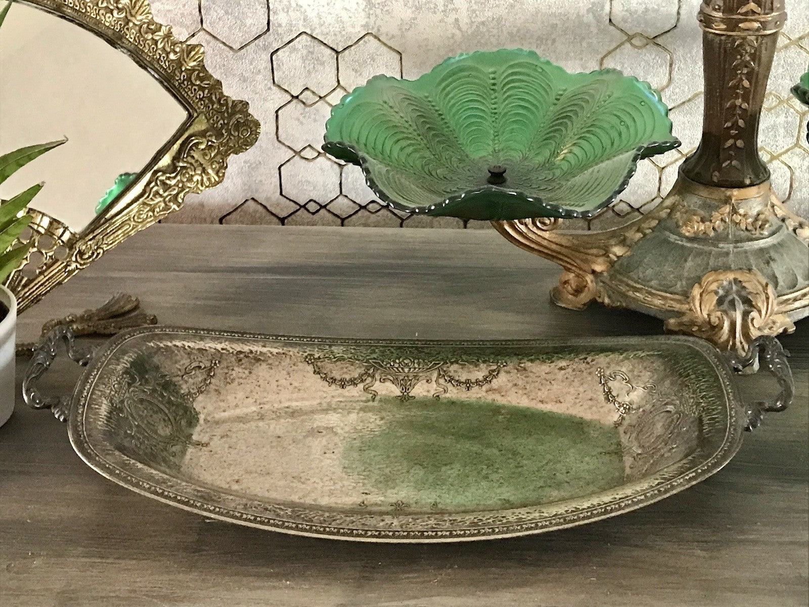 Antik Schale versilbert Art Nouveau Jugendstil  um 1900 oval Handhaben Relief