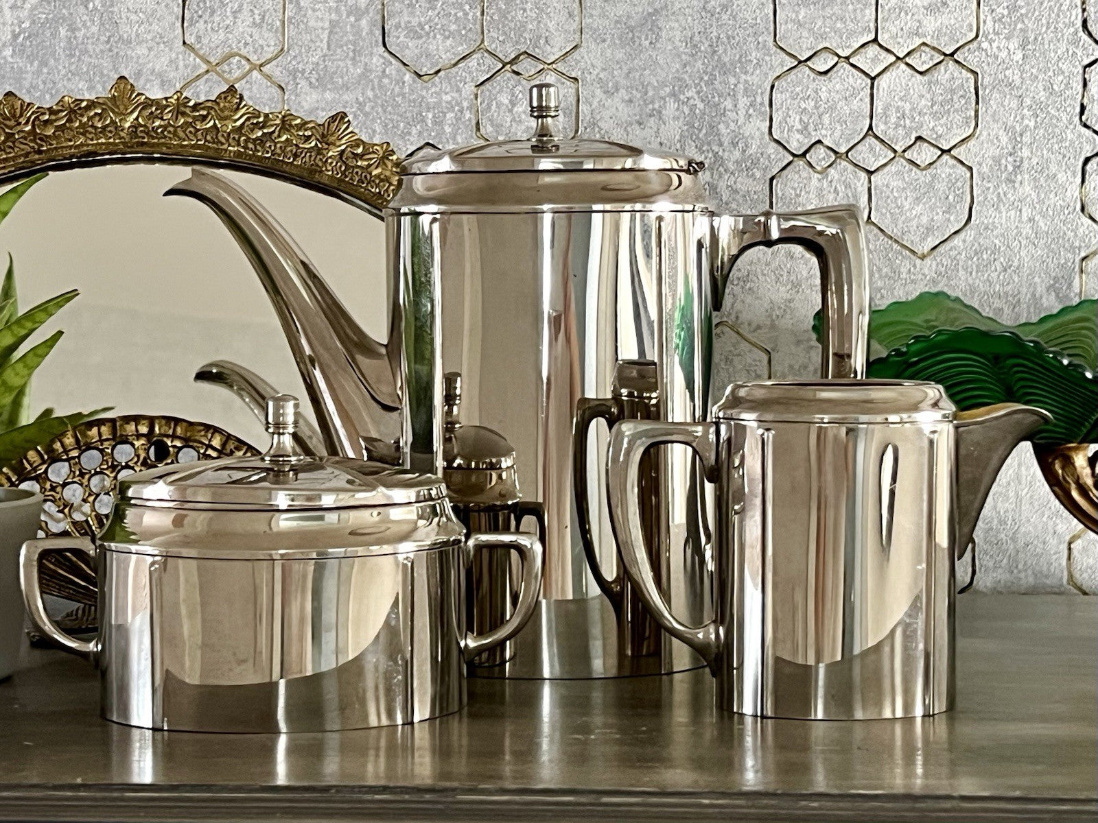 Antik Jugendstil Kaffee Kernstück Zuckerdose Rahmgießer Kanne vernickelt?
