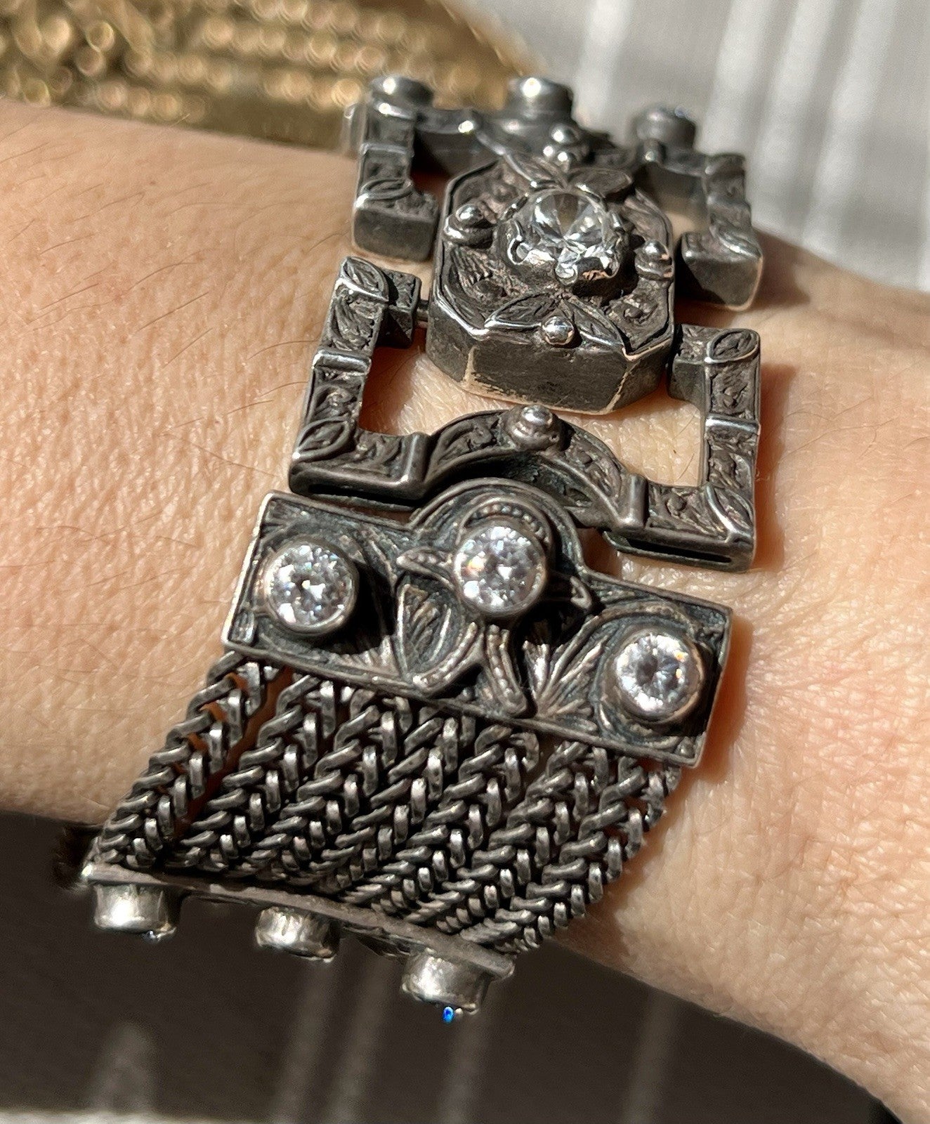 Antik Art Déco Edel DAMEN Armband Silber 925 SUPER farblose Steine WOW Manchette