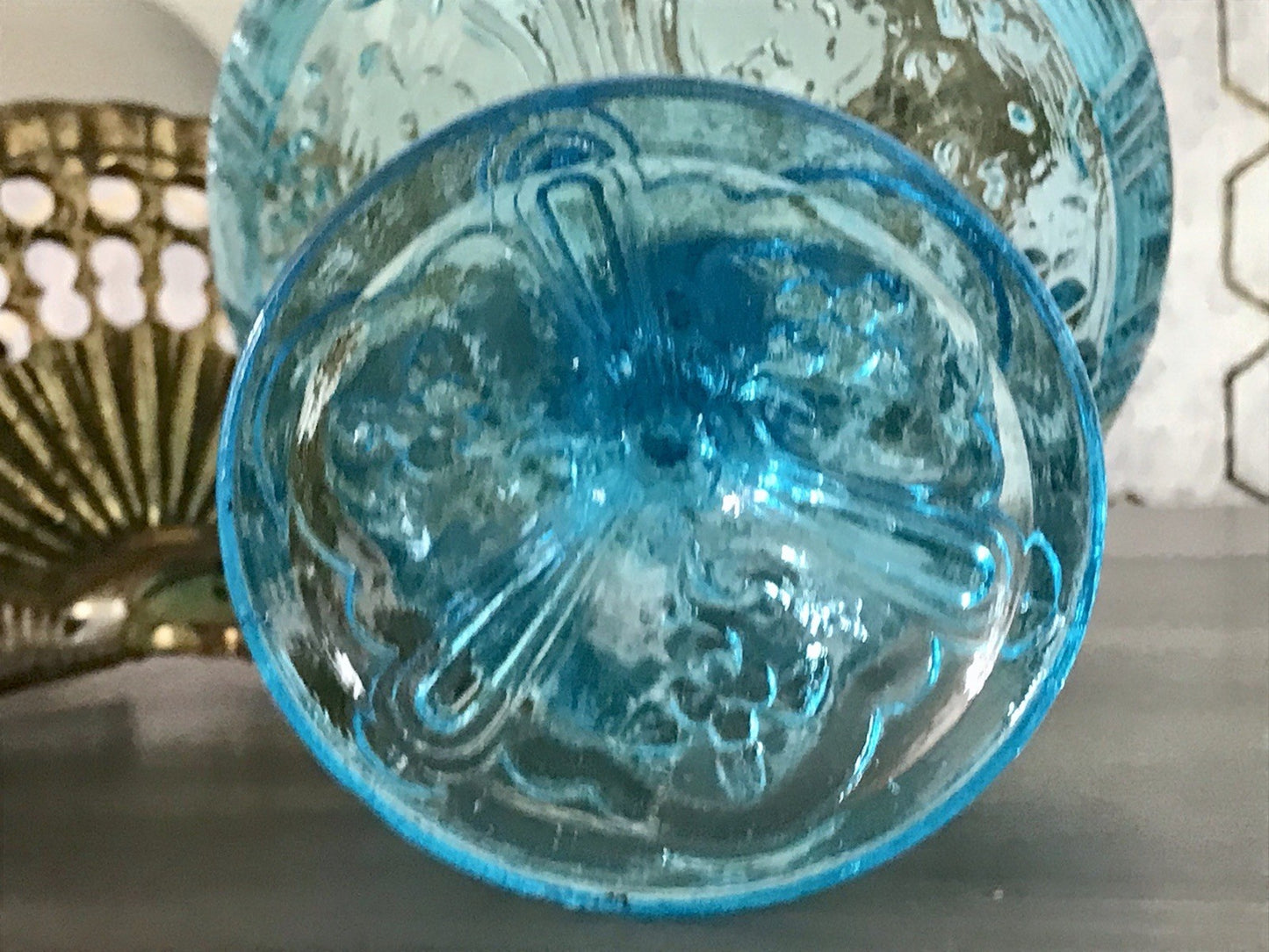 Antik Jugendstil Art Déco Pressglas Glas Fußschale Schale Zuckerschale Blau