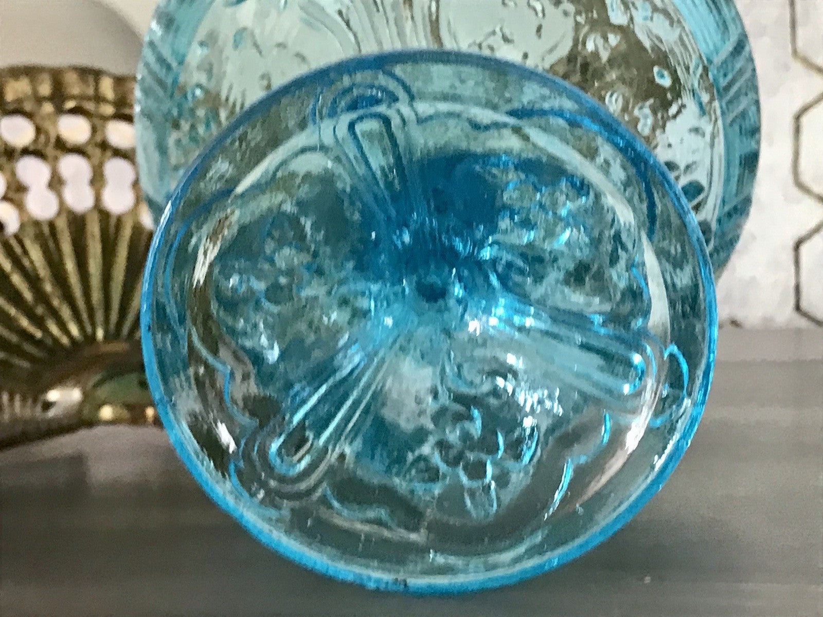 Antik Jugendstil Art Déco Pressglas Glas Fußschale Schale Zuckerschale Blau