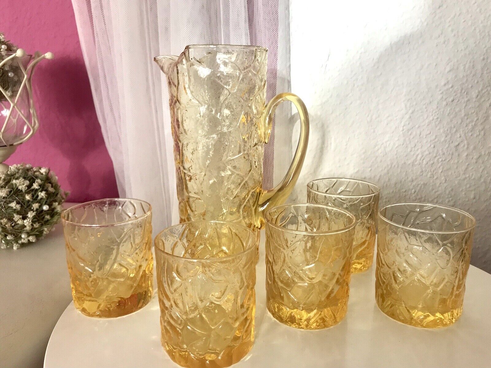 Vintage Designer 60er 70er Krug Kanne Karaffe 5 Becher gelb Glas Reptil Struktur