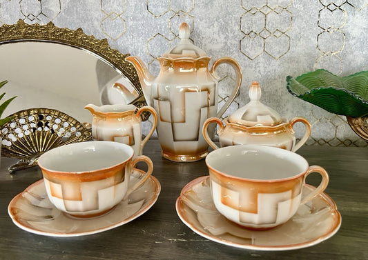 Antik Art Déco Porzellan Kaffeeservice Spritzdekor Bauhaus Teté a Téte 2 Pers.