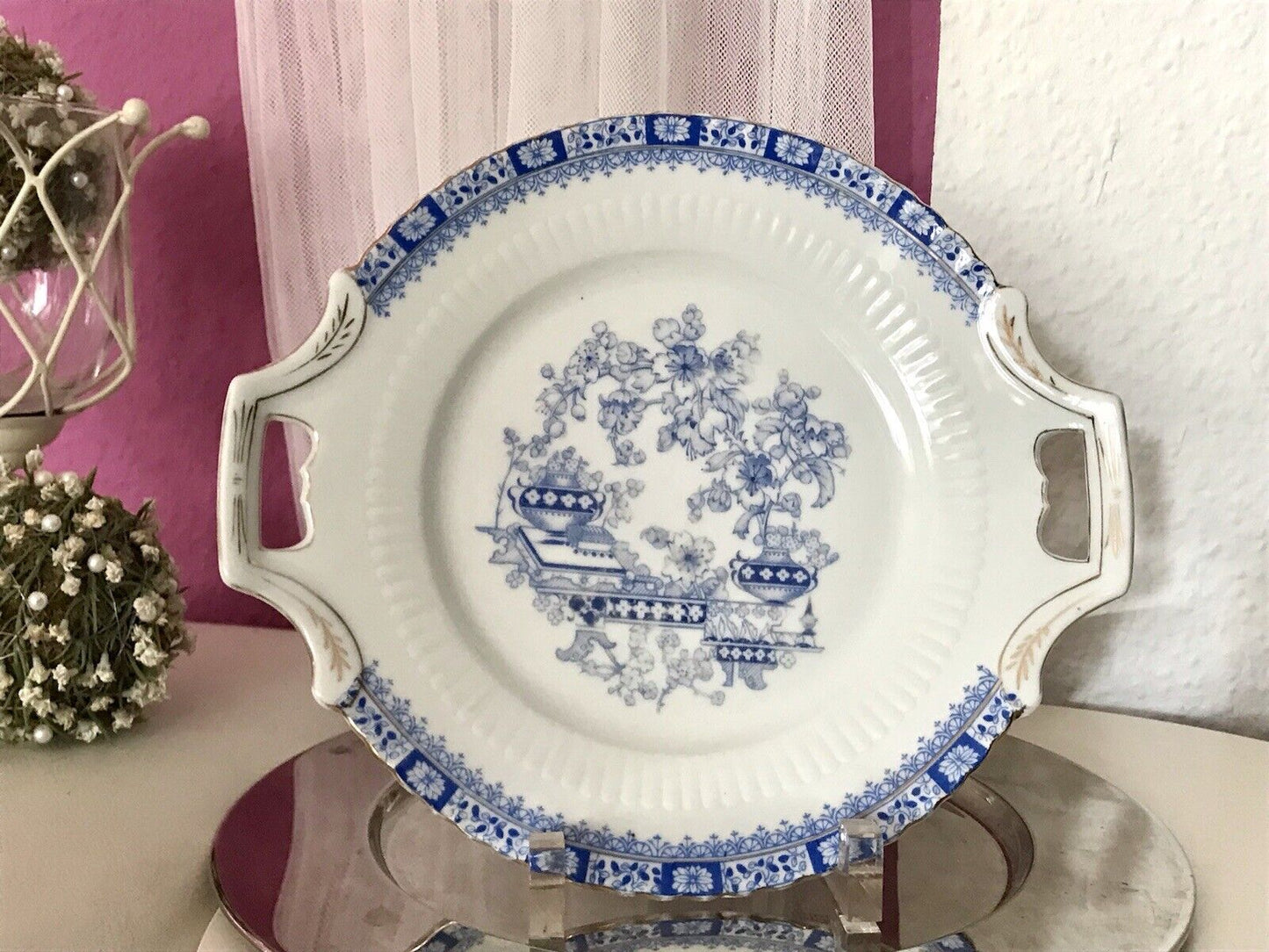 Antik Art Déco Porzellan Kuchenplatte Kuchenteller China Blau