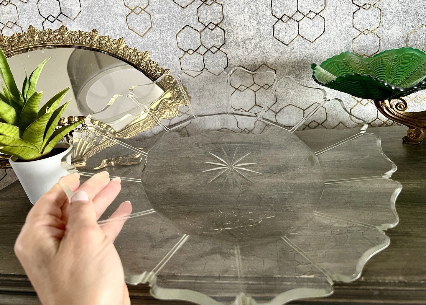 Antik Biedermeier Groß  Schale Teller Glasschale um 1850 geschnitten