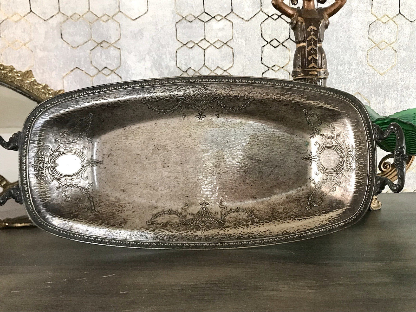 Antik Schale versilbert Art Nouveau Jugendstil  um 1900 oval Handhaben Relief