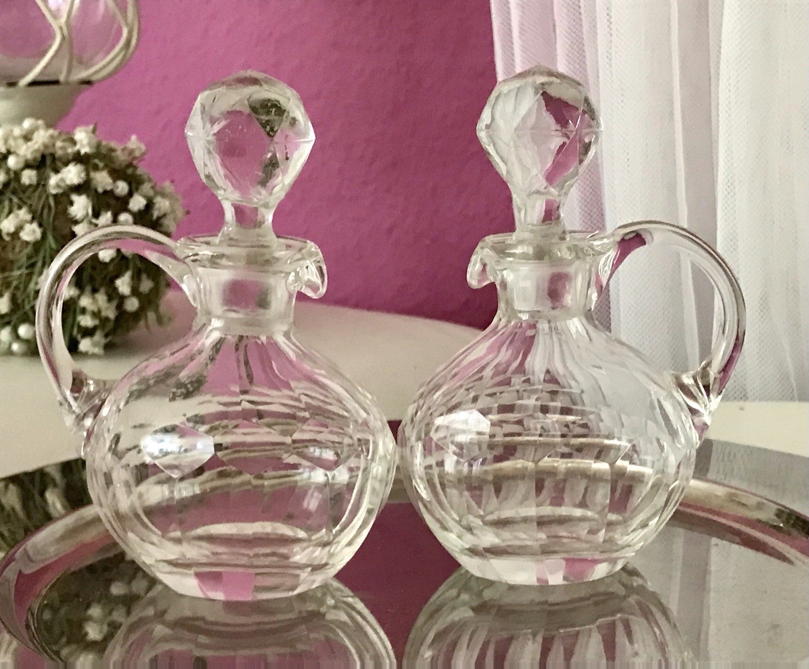 Antik 2x Kristallglas Essig&Öl Karaffe Glas Schliff Oliven Stopfen