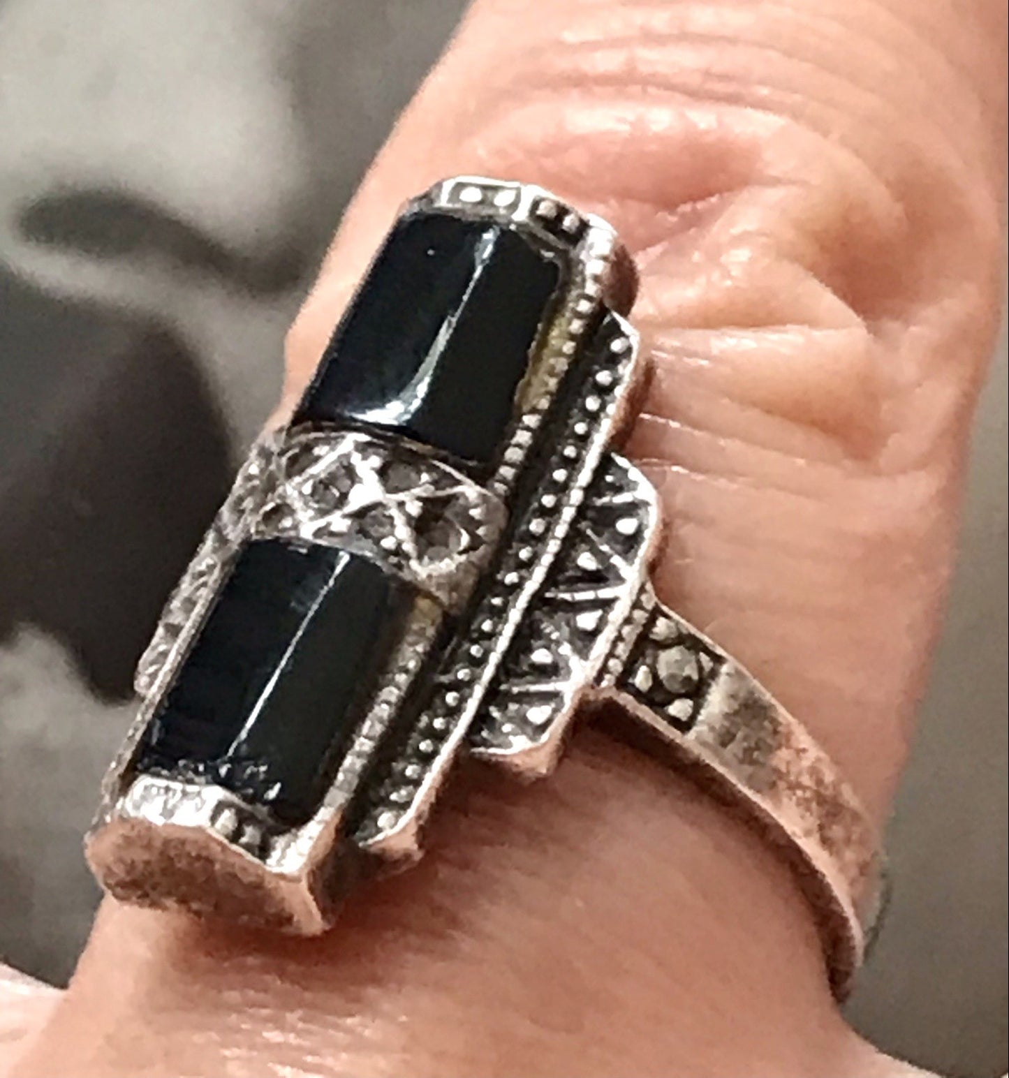 Antik Art Déco Damen Schiffchen Ring Onyx 925 Silber Gr.56 Markasite 18,1