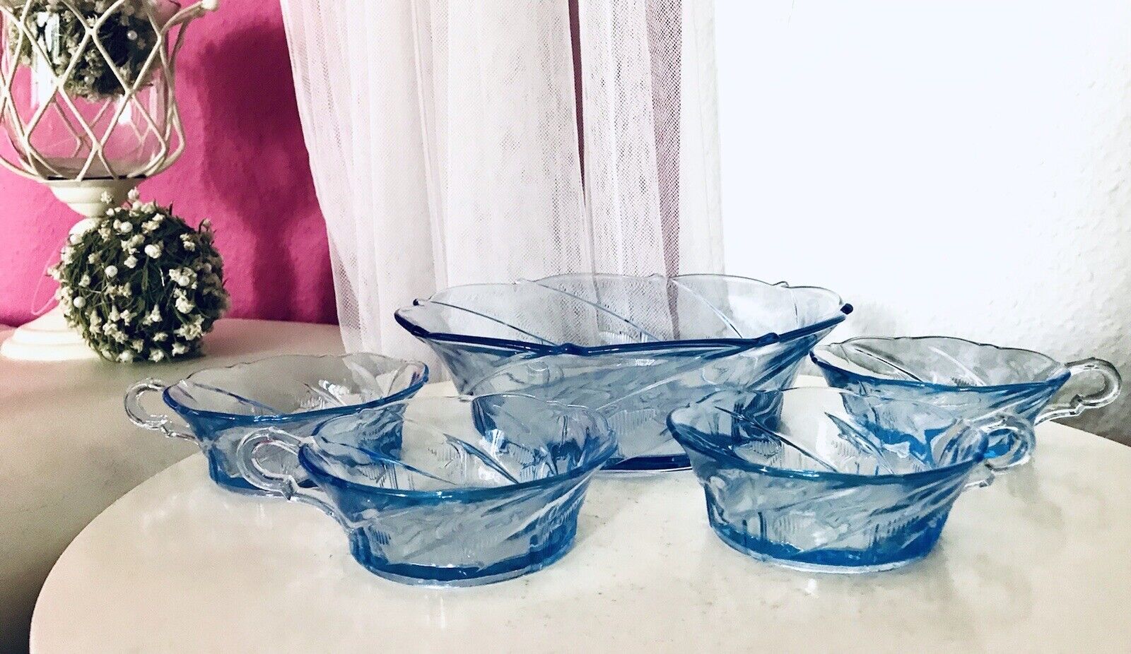 Antik Set blau Dessert Kompott Eis Schale 5x Schälchen Pressglas Art Déco Griffe