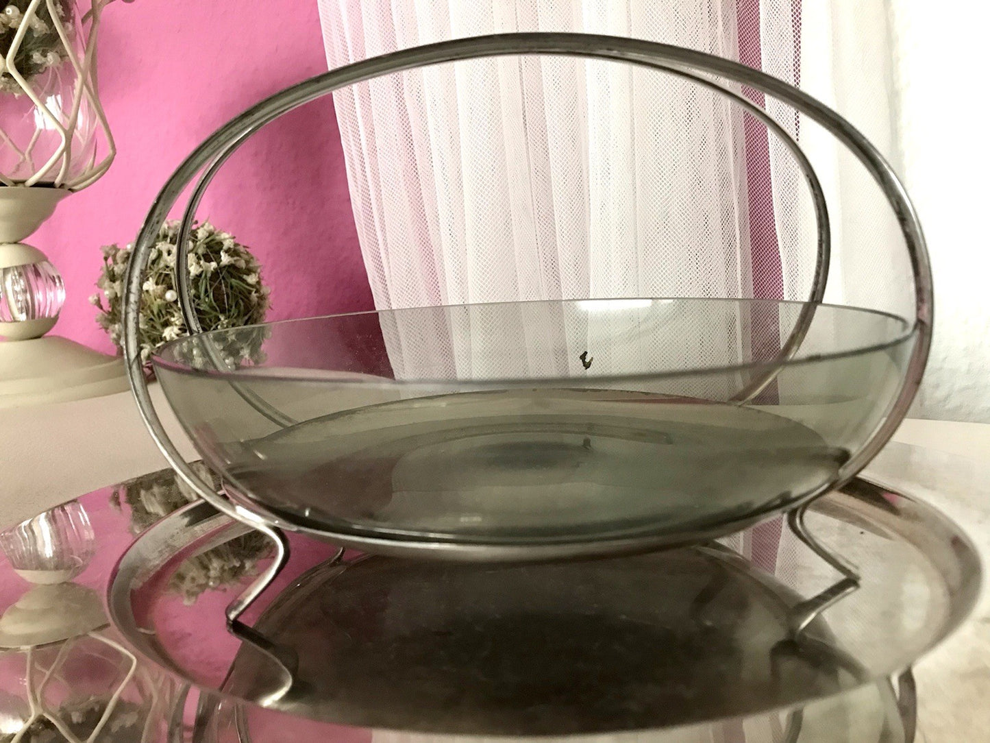 WMF ? Vintage Schale versilbert 50er 60er Mid Century Rauchglas Einsatz MCM