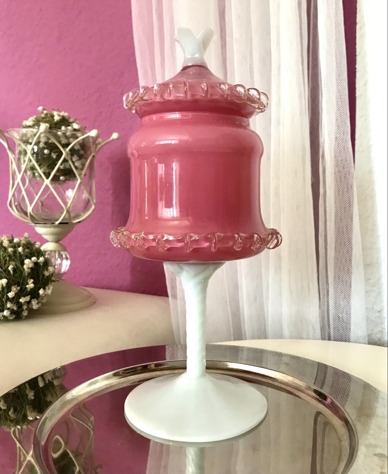 Vintage 60er Empoli Fußschale Schale Bonboniere rosa weiß Deckelvase Designer