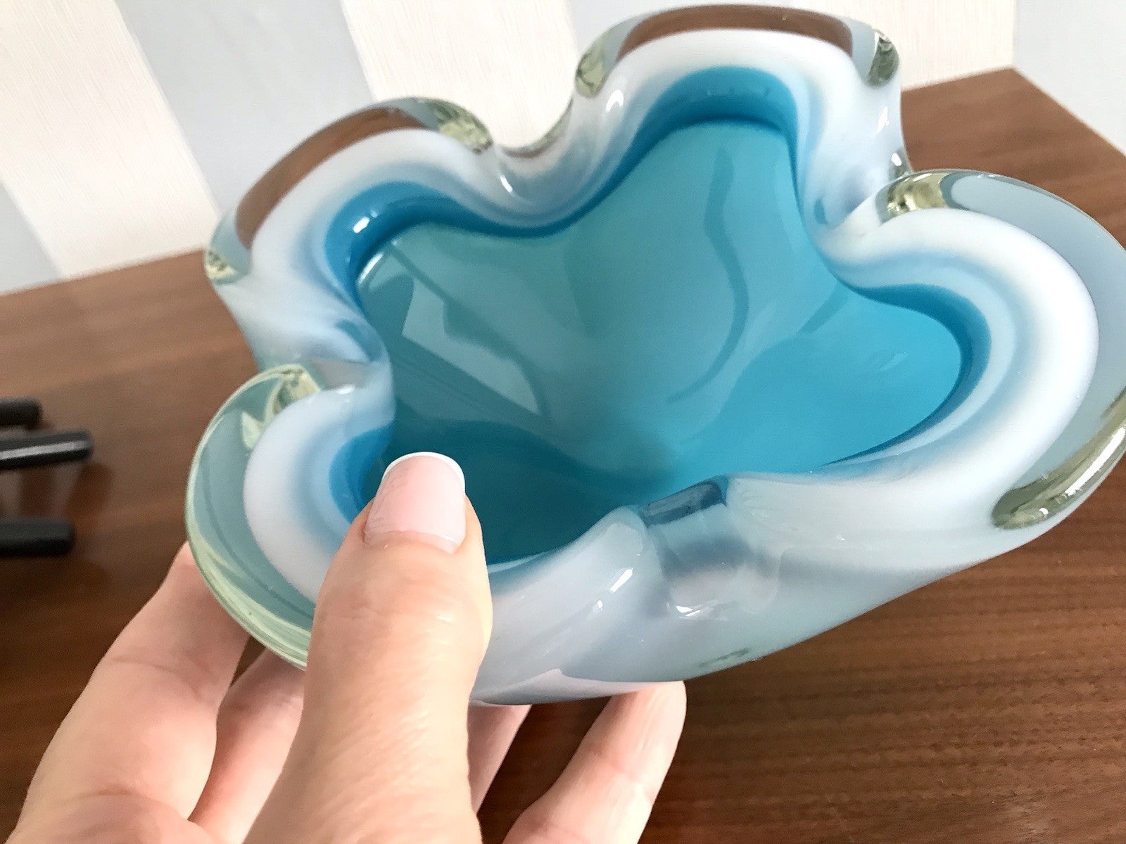 Vintage 60er Murano Glas Schale Barovier? türkis blau weiß edel