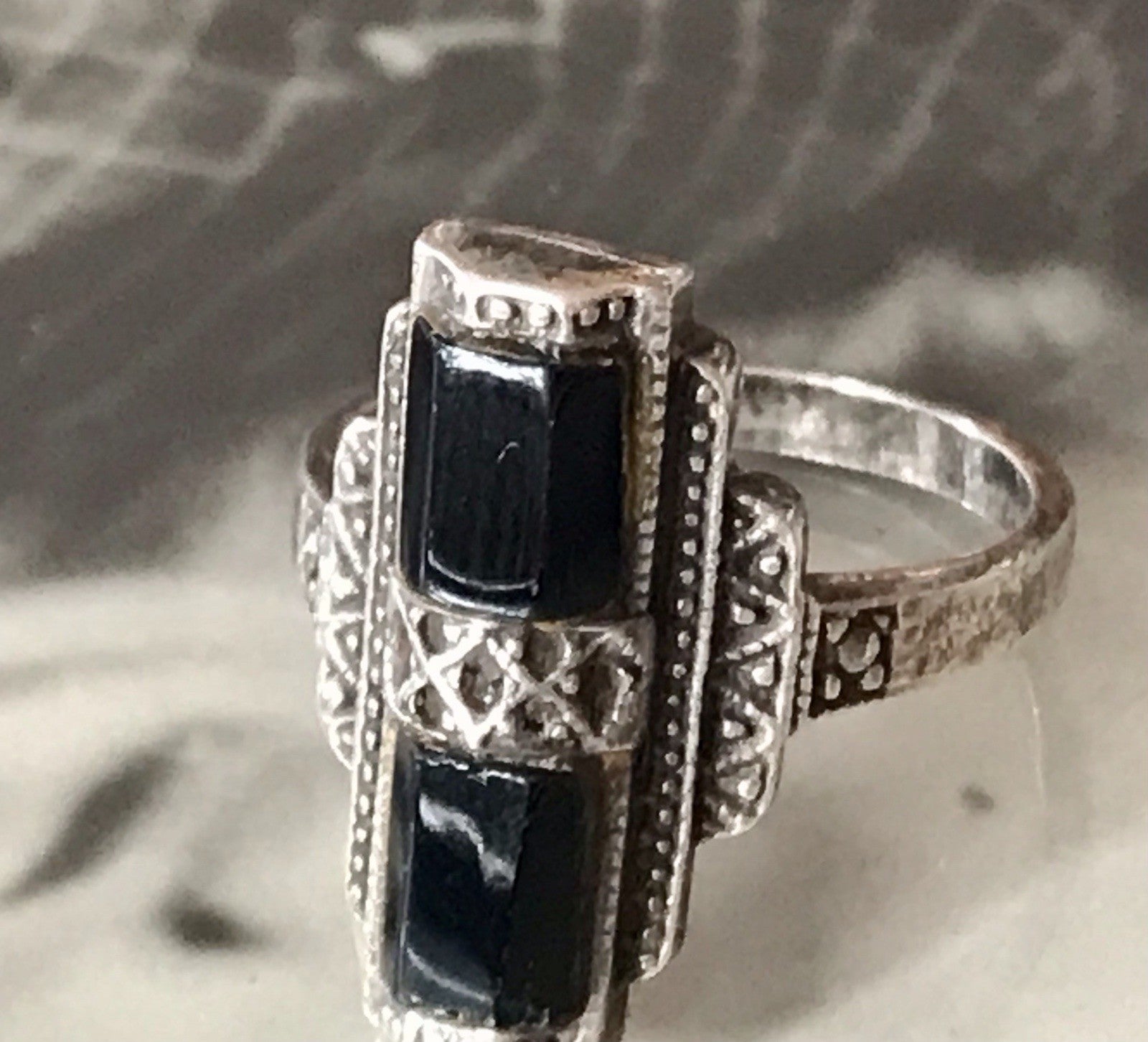Antik Art Déco Damen Schiffchen Ring Onyx 925 Silber Gr.56 Markasite 18,1