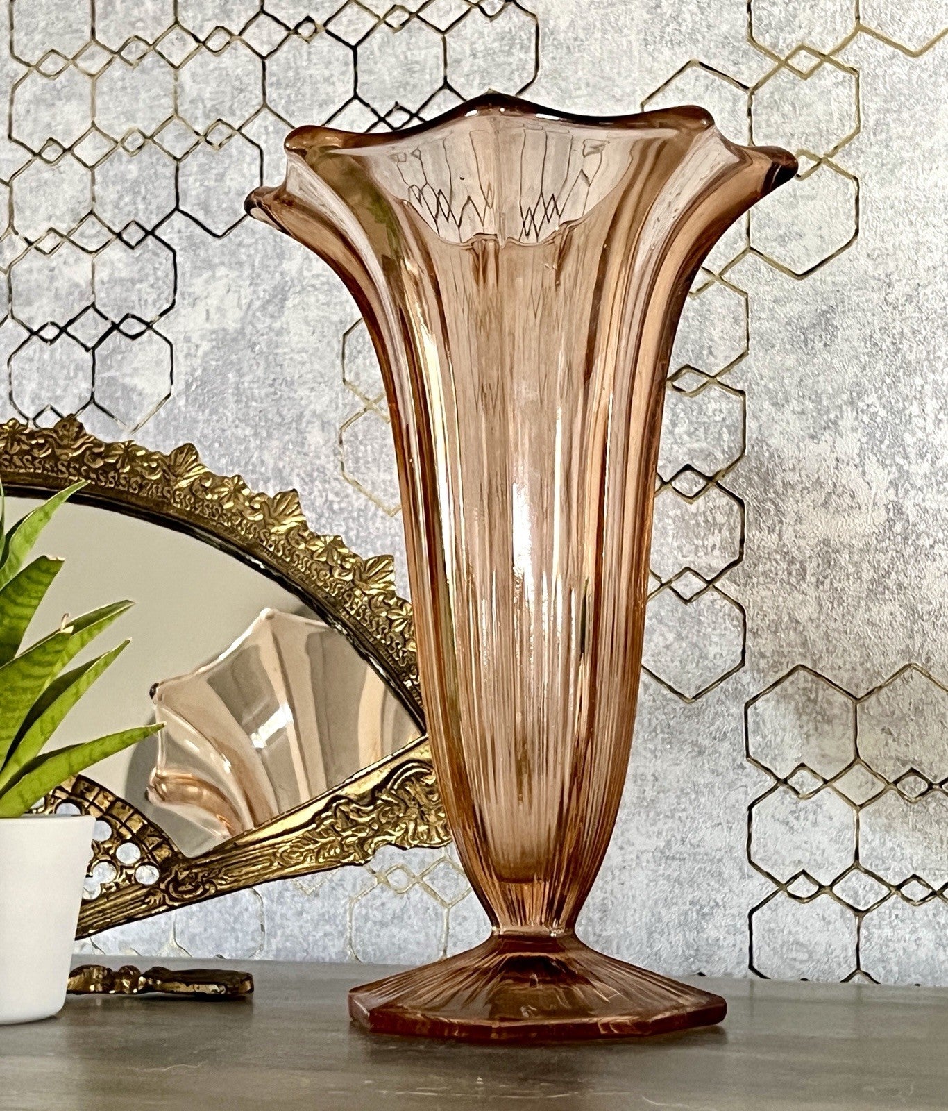 Antik Art Déco 1 GROẞ Vase Glasvase Pressglas Rosalin rosa  Glas