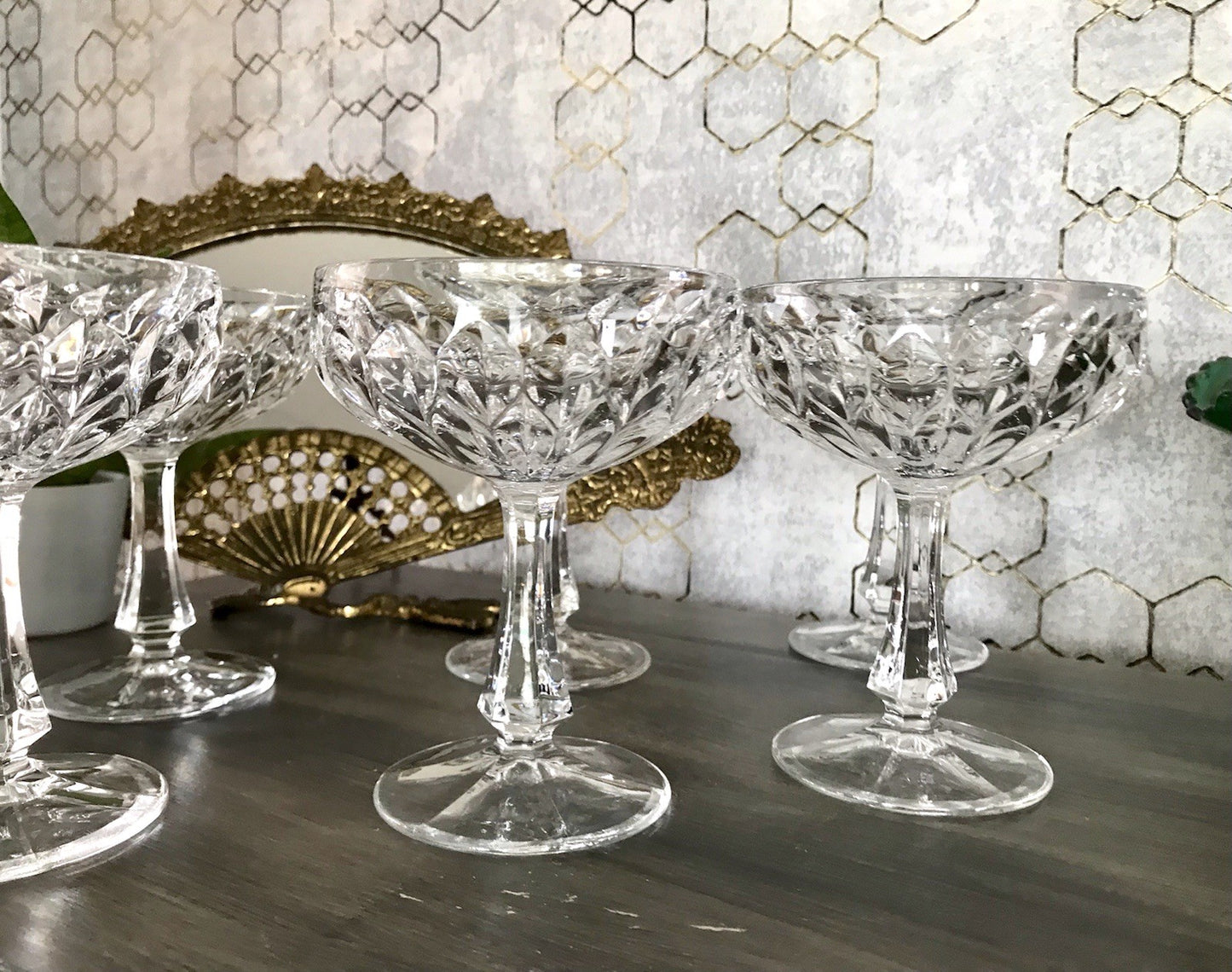 Vintage 9x Champagnerschalen Sektschalen Kristallglas Schliff Bleikristall