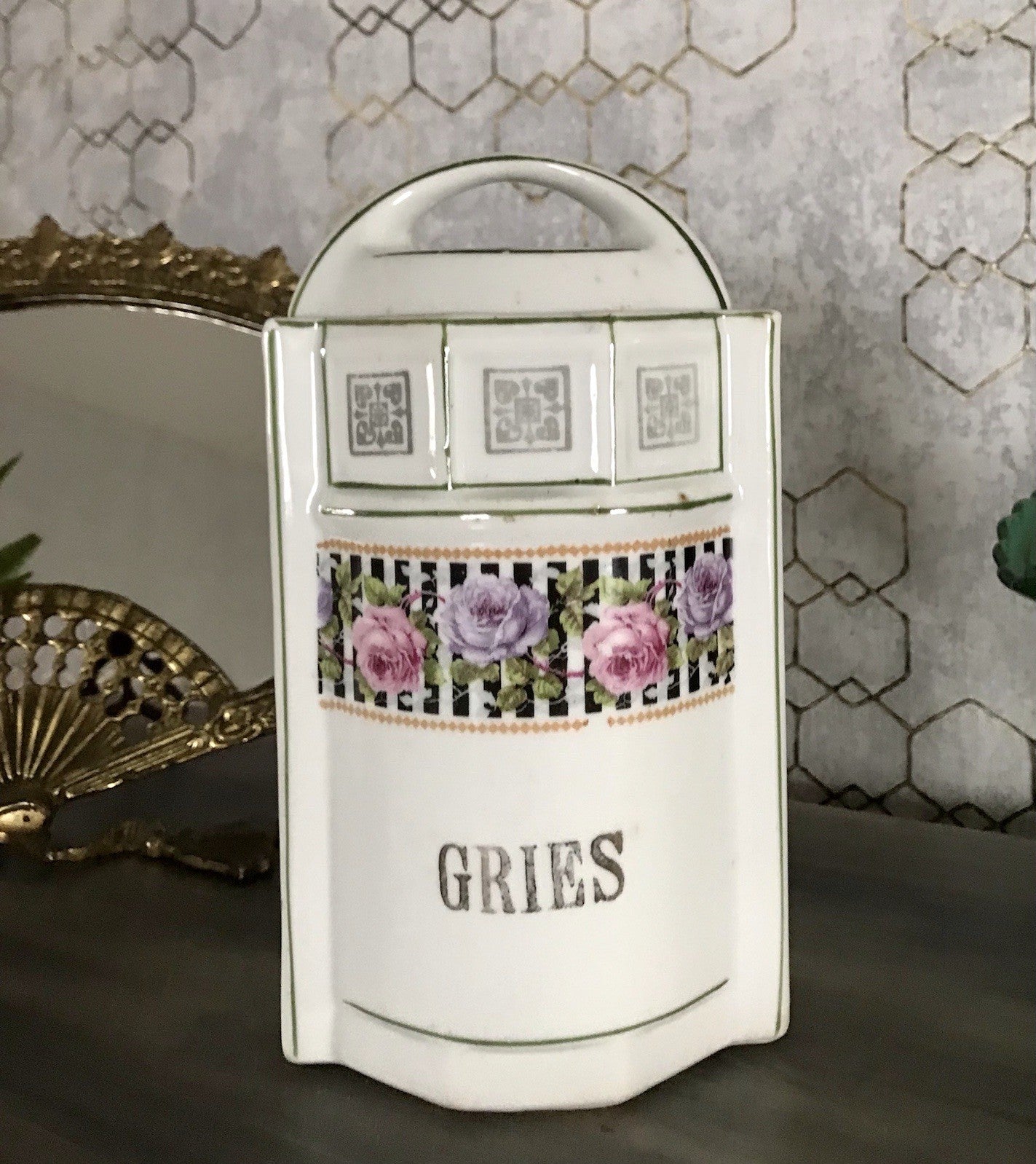 Antik Porzellan Dose Vorratsgefäß Vorratsdose Gries Rosen Jugendstil Art Déco