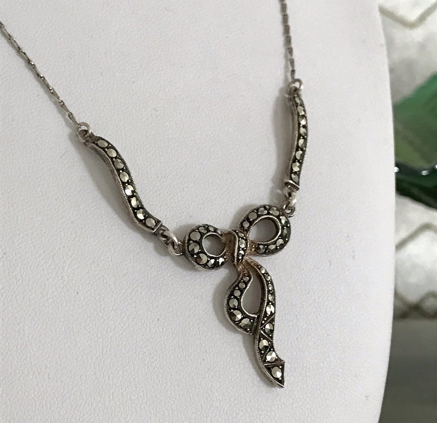 Antik Edel Jugendstil 835 Silber Collier Halskette Markasite Schleife