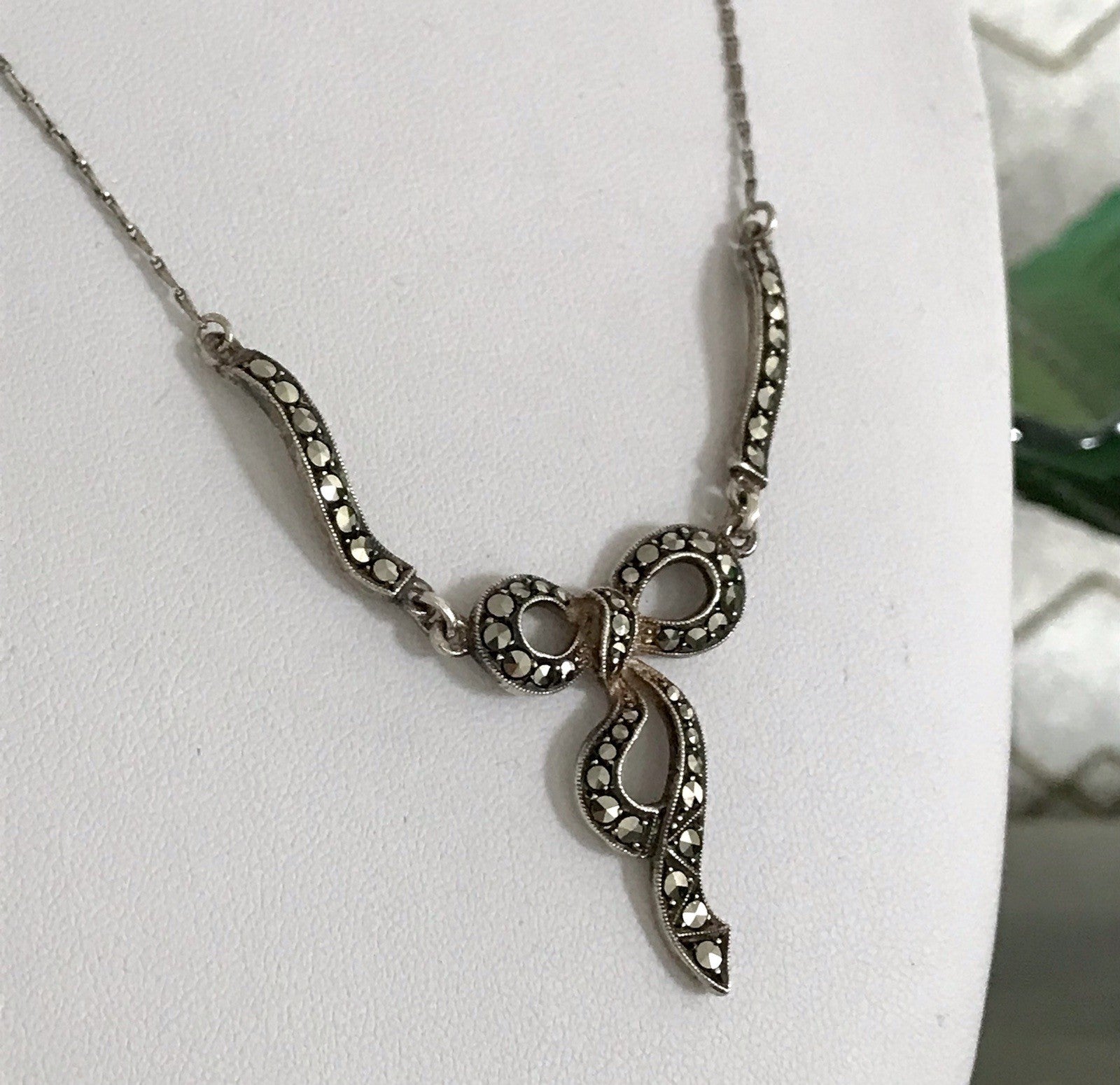 Antik Edel Jugendstil 835 Silber Collier Halskette Markasite Schleife