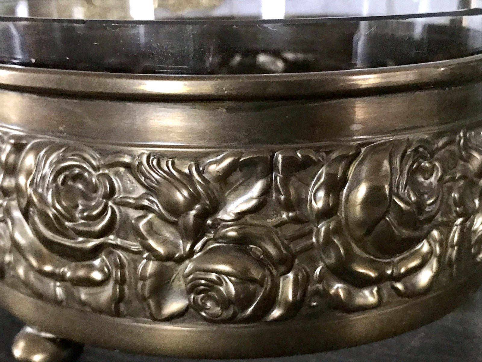 Antik Jugendstil Art  Déco Messing Montur Rosen Schale Bonboniere Glaseinsatz