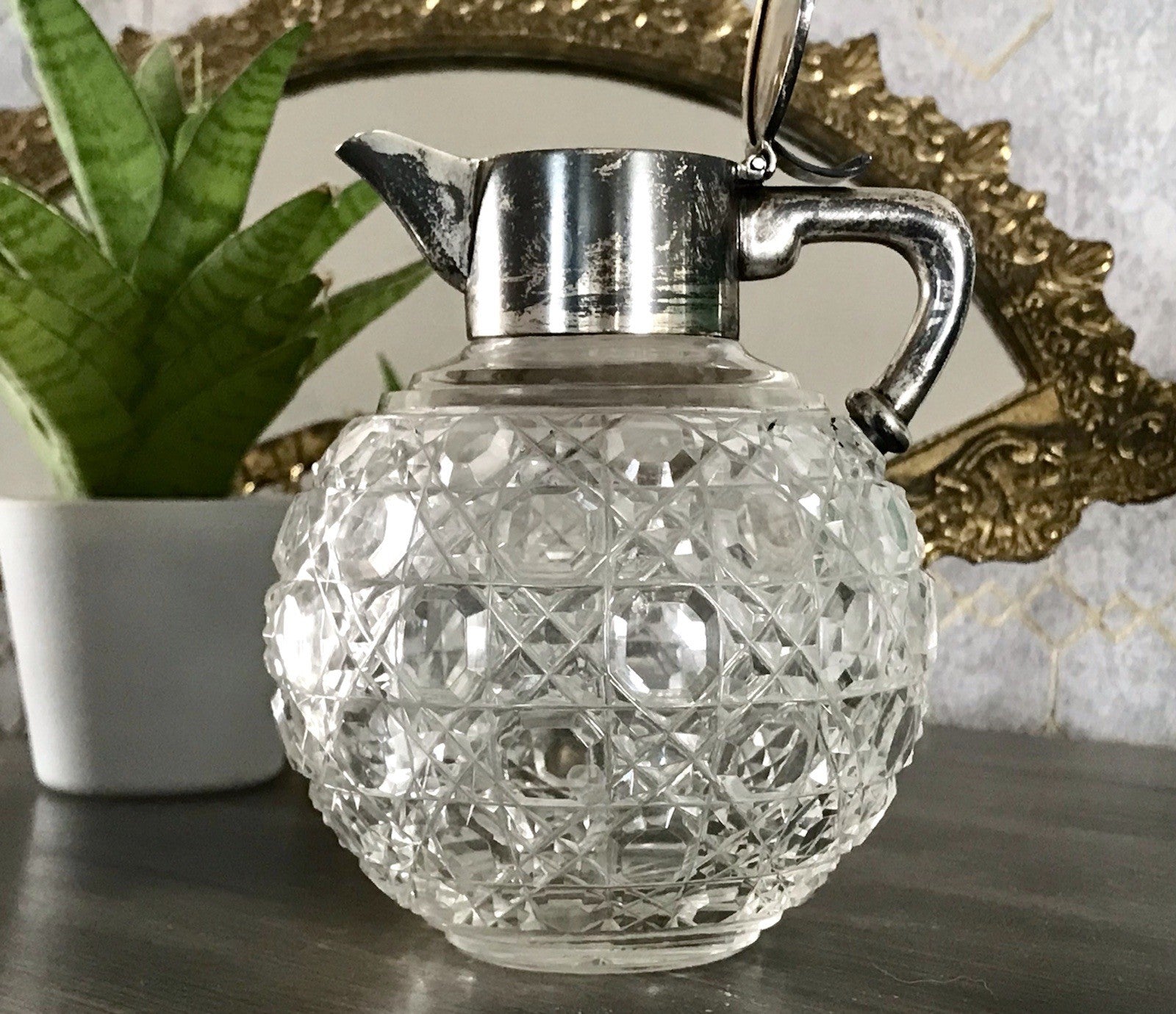 Antik EDEL Schliff Karaffe Kännchen Silber 800 Kristall Glaseinsatz Jugendstil