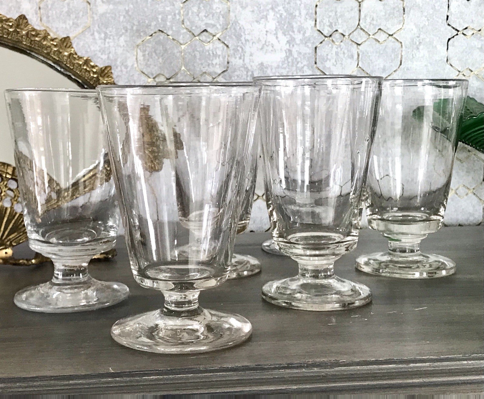Antik 6 Fußbecher Becher Weinglas Pokalglas Glas ~ 1900 Eichstrich mundgeblasen