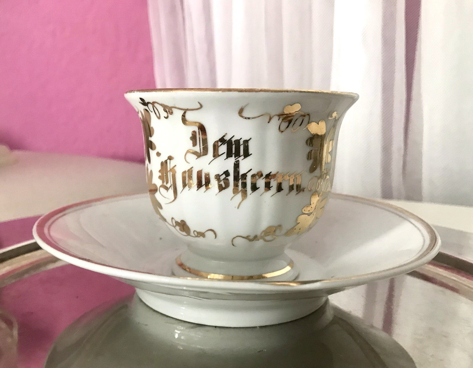 Antik Porzellan Andenken Becher Gedeck Sammeltasse Tasse „Dem Hausherrn“