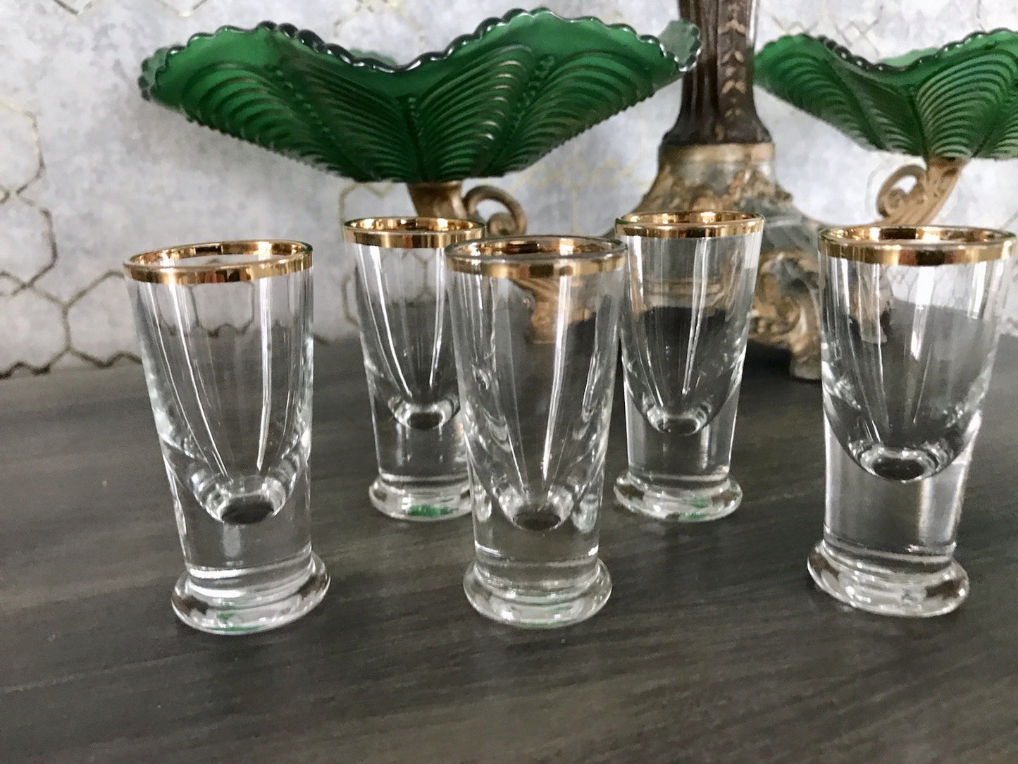 Antik 5 Pinnchen Schnapsgläser Golddekor Glas Biedermeier Likörgläser