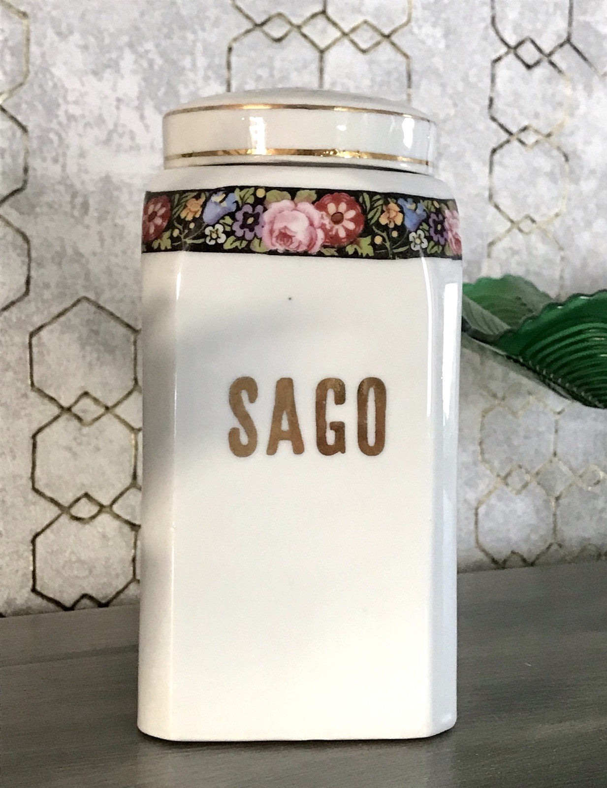 Antik Porzellan Dose Vorratsgefäß Vorratsdose Sago Blumenborte Art Déco