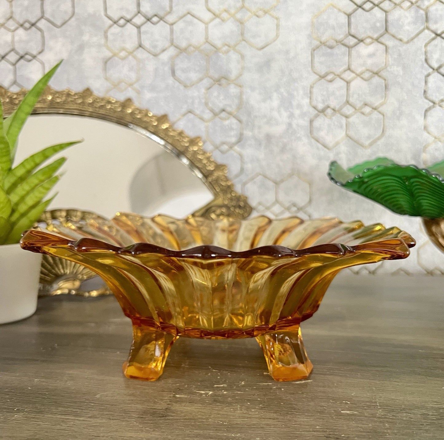 Antik Jardiniere Brockwitz Prismen Bernstein gelb Art Déco Schale Pressglas Glas