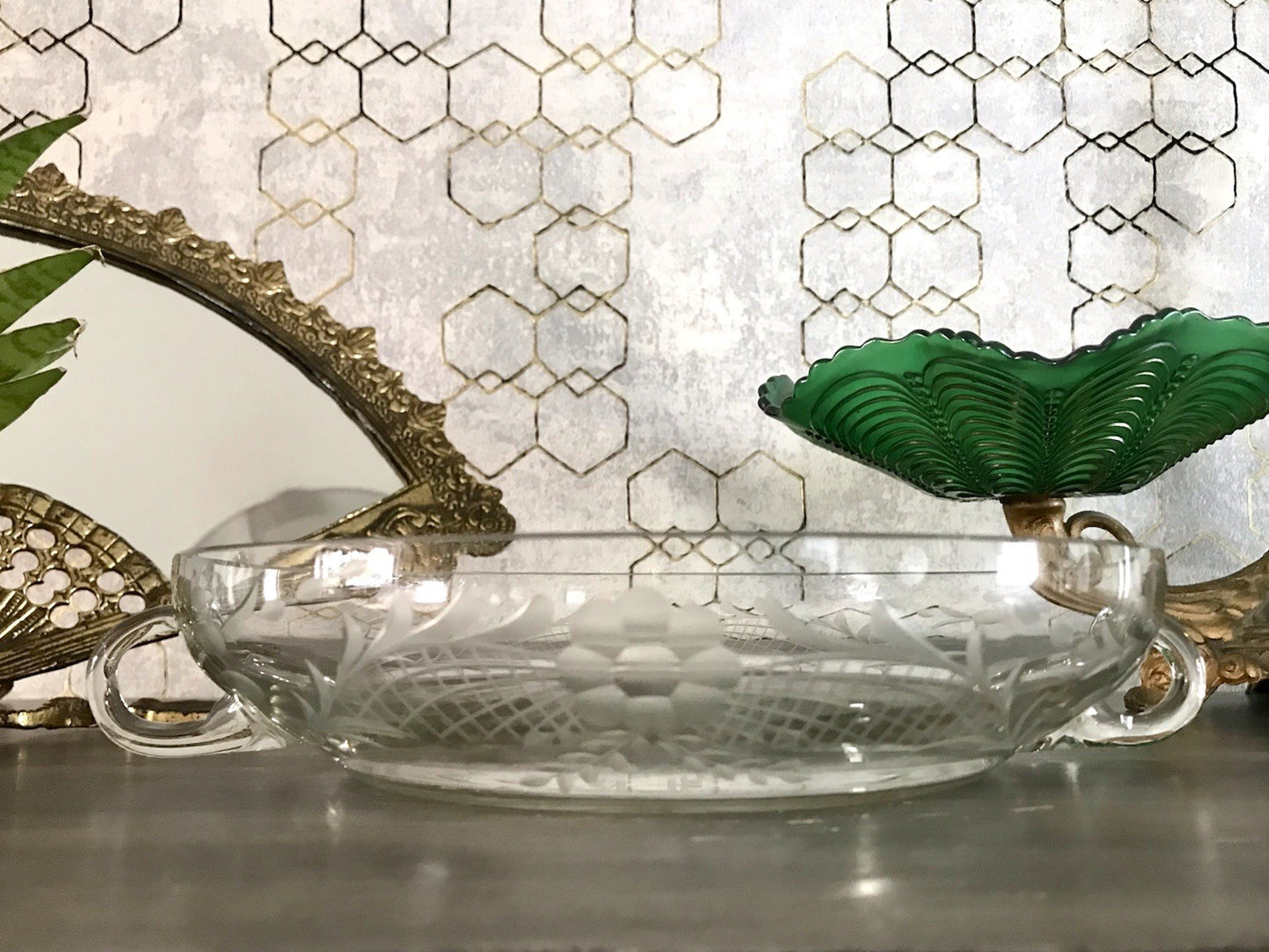 Antik EDEL Art Déco Schale Glasschale mundgeblasen geschliffen mit Henkeln