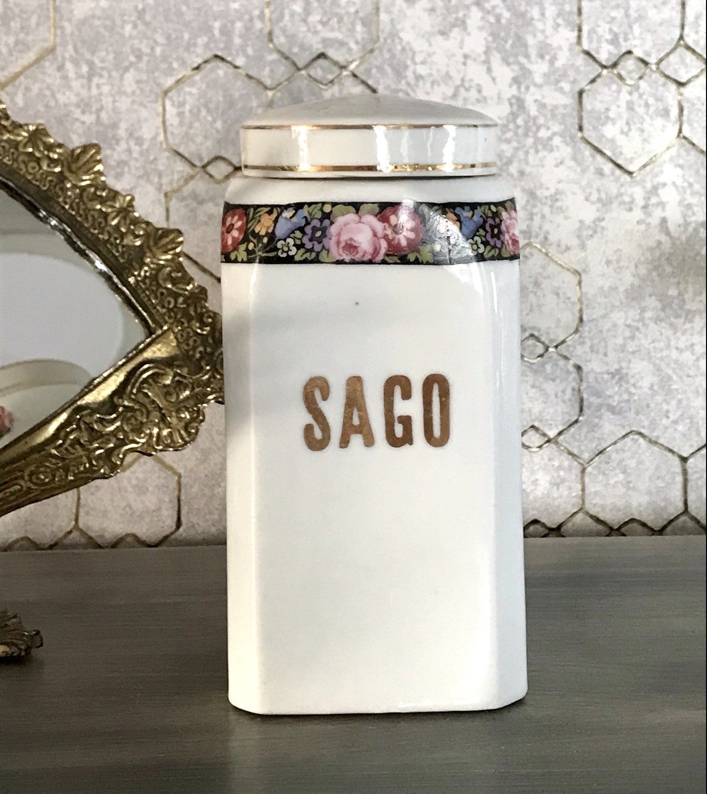 Antik Porzellan Dose Vorratsgefäß Vorratsdose Sago Blumenborte Art Déco