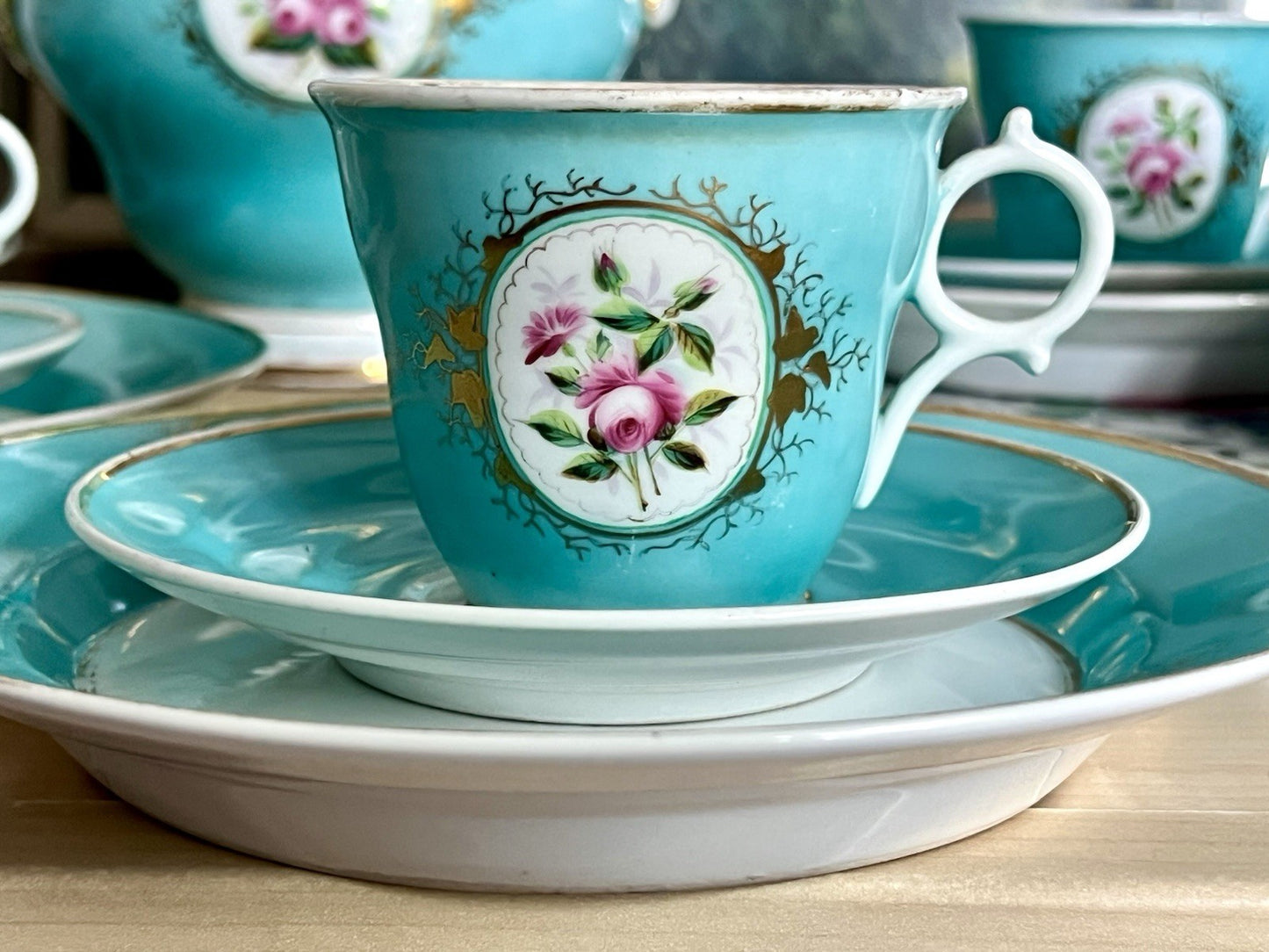 Antik 1870-1900 Porzellan Kaffeeservice 6 Pers. Carl Tielsch Altwasser türkis