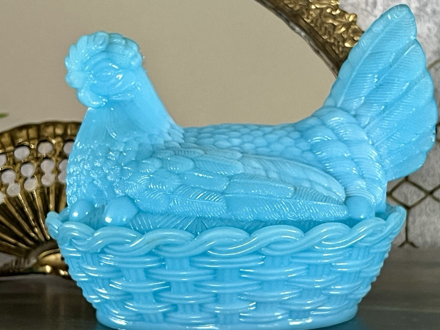Antik Jugendstil Glasdose Dose Opalglas Deckeldose Pressglas Henne Blau