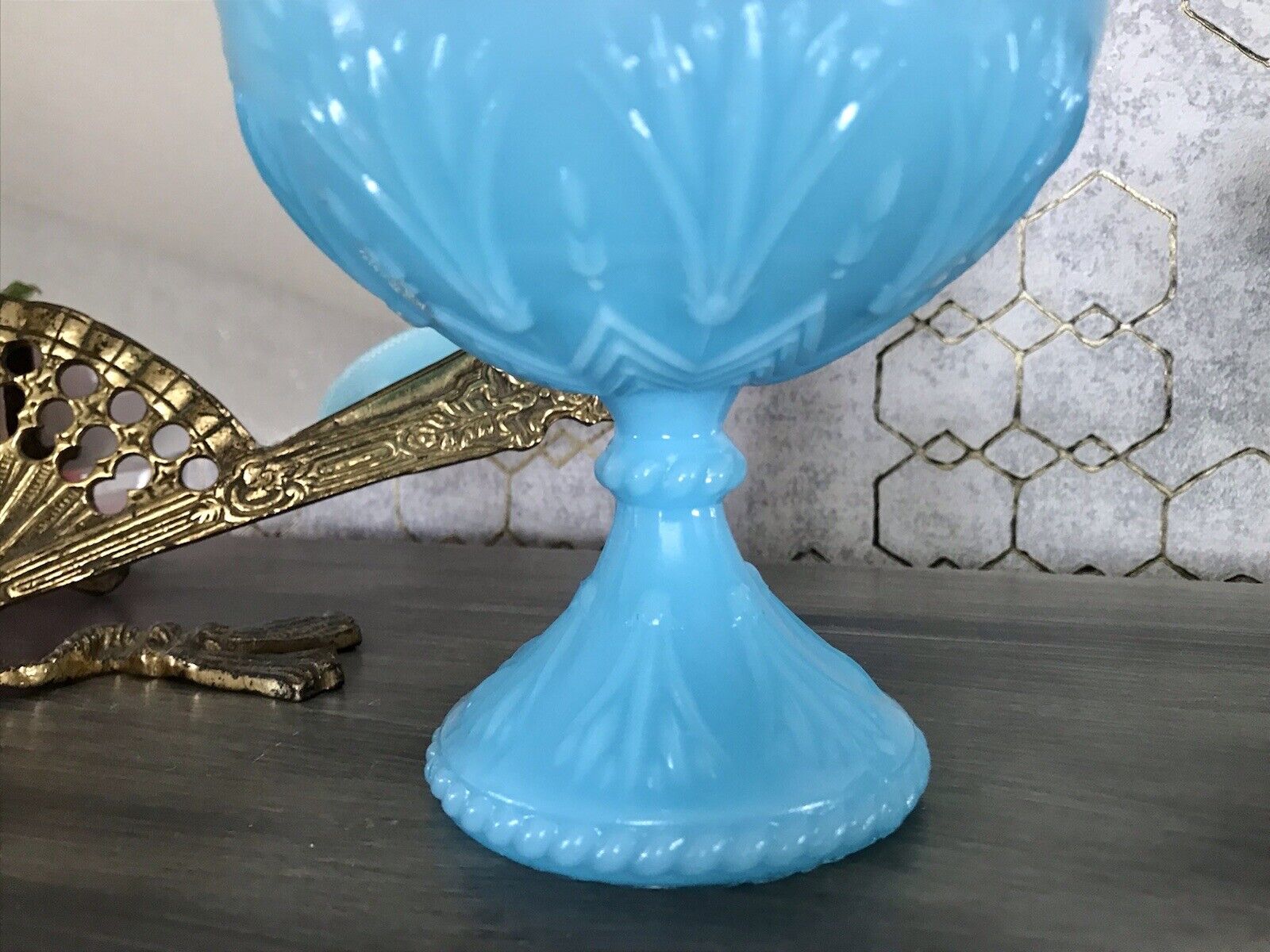 Antik Jugendstil Art Déco Pressglas Schale Fußschale Zuckerschale blau türkis