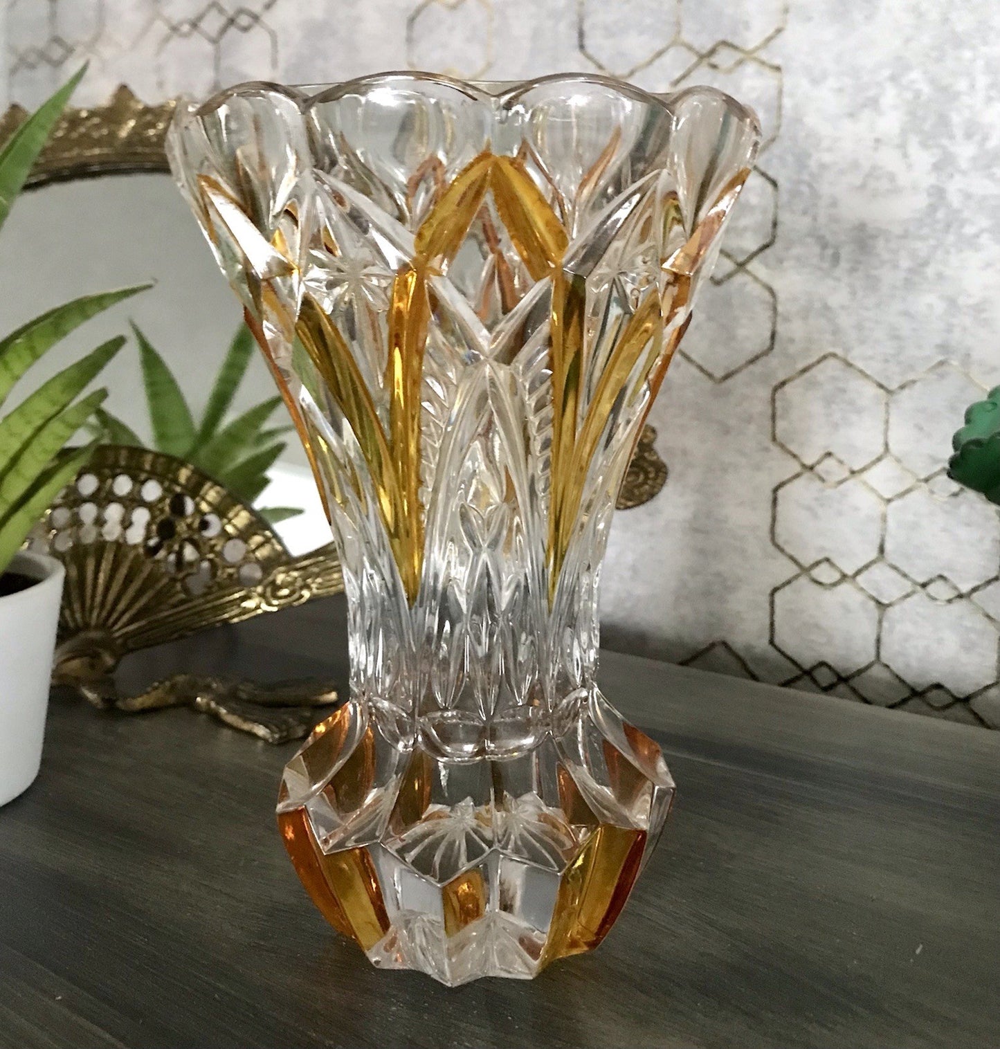 Antik alt Art Déco Stil Glasvase Bleikristall Vase Bernstein Gelbbeize Annahütte