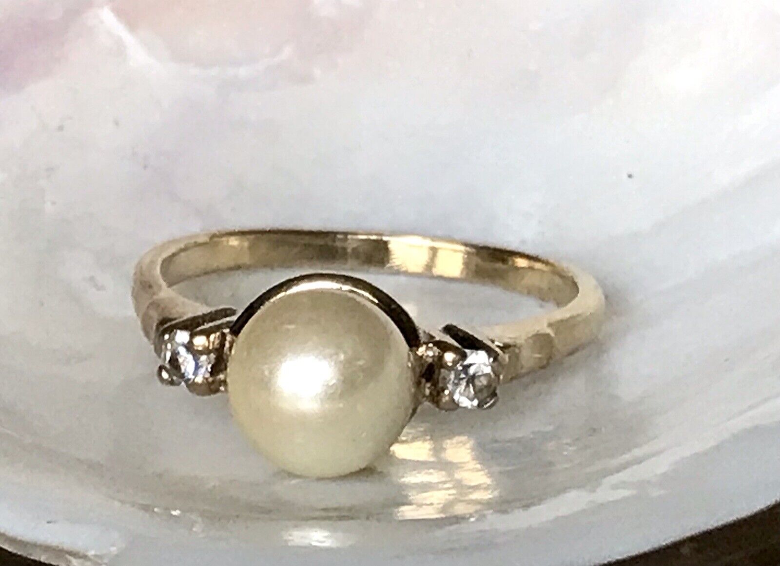 Antik Alt Edel DAMEN RING Silber 925 Perle farblose Steine Gr.58 18,4 vergoldet