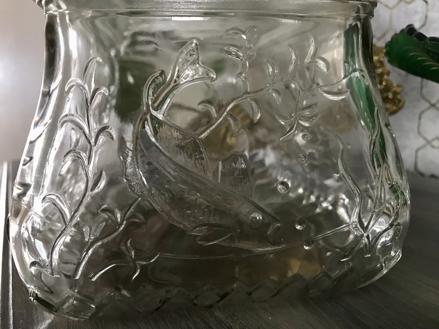 Antik Art Déco Deckeldose Dose Glasdose Pressglas Haribo Lakritze Fischmuster