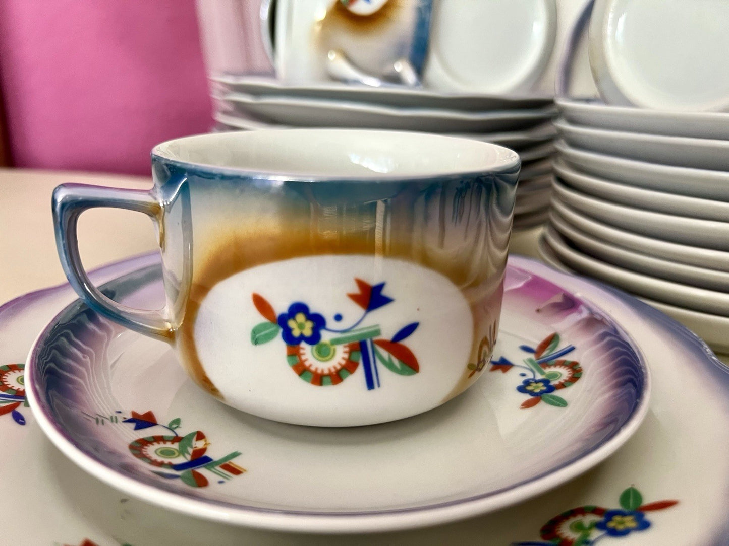 Antik Art Déco Porzellan Kaffeeservice Spritzdekor Teeservice 9 Pers. plus