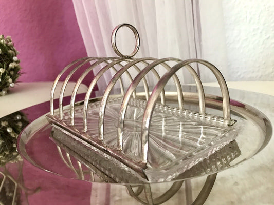 Vintage Toastbrot Ständer Halter versilbert Glaseinsatz Kristallglas 60er Jahre