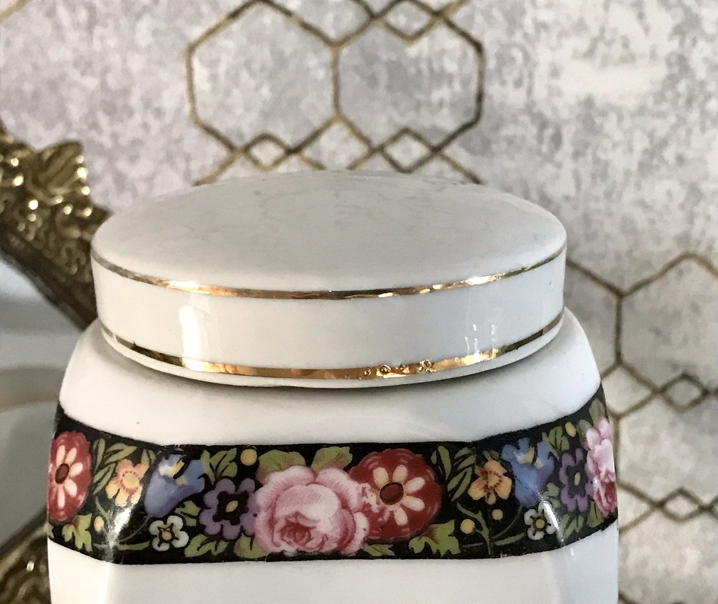 Antik Porzellan Dose Vorratsgefäß Vorratsdose Gries Blumenborte Art Déco