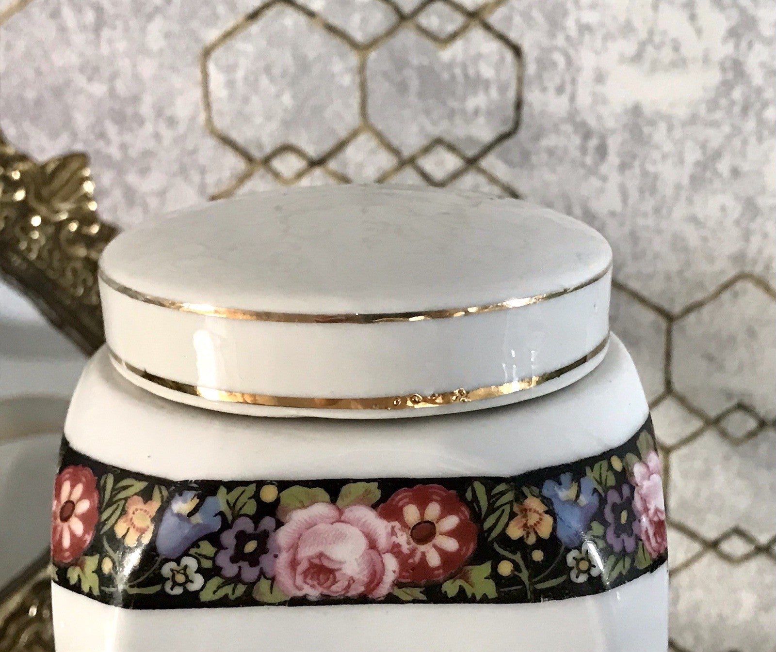 Antik Porzellan Dose Vorratsgefäß Vorratsdose Gries Blumenborte Art Déco