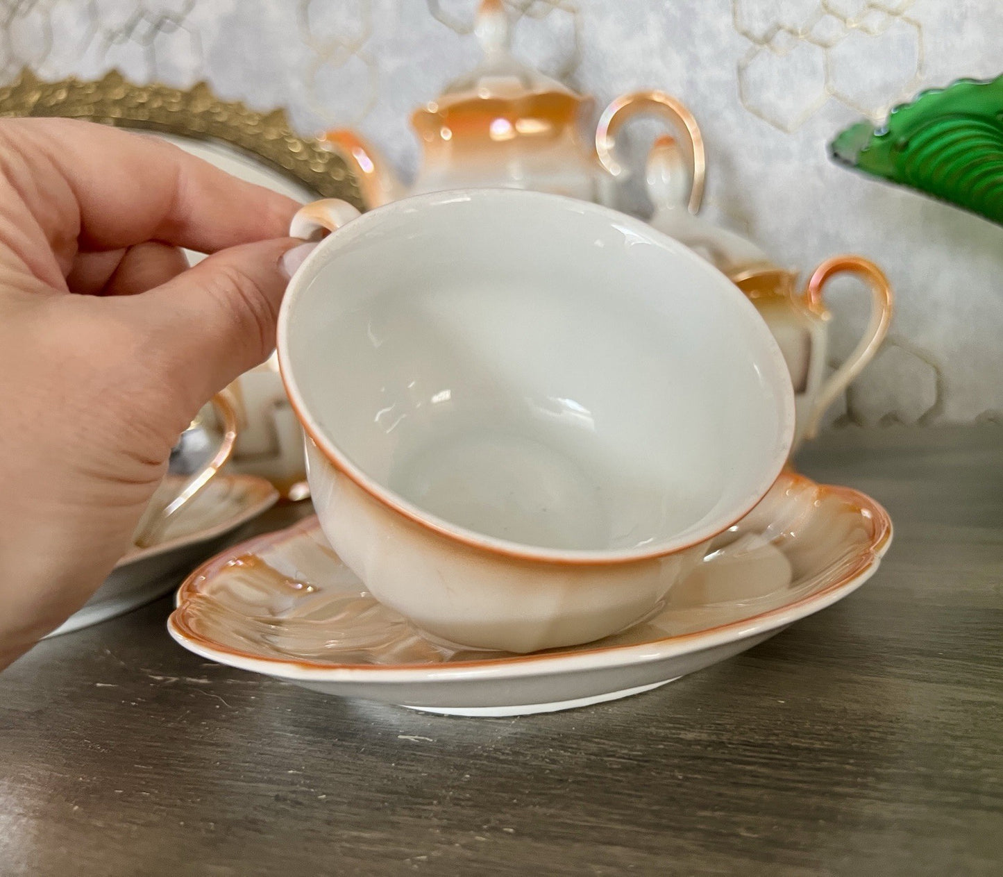 Antik Art Déco Porzellan Kaffeeservice Spritzdekor Bauhaus Teté a Téte 2 Pers.