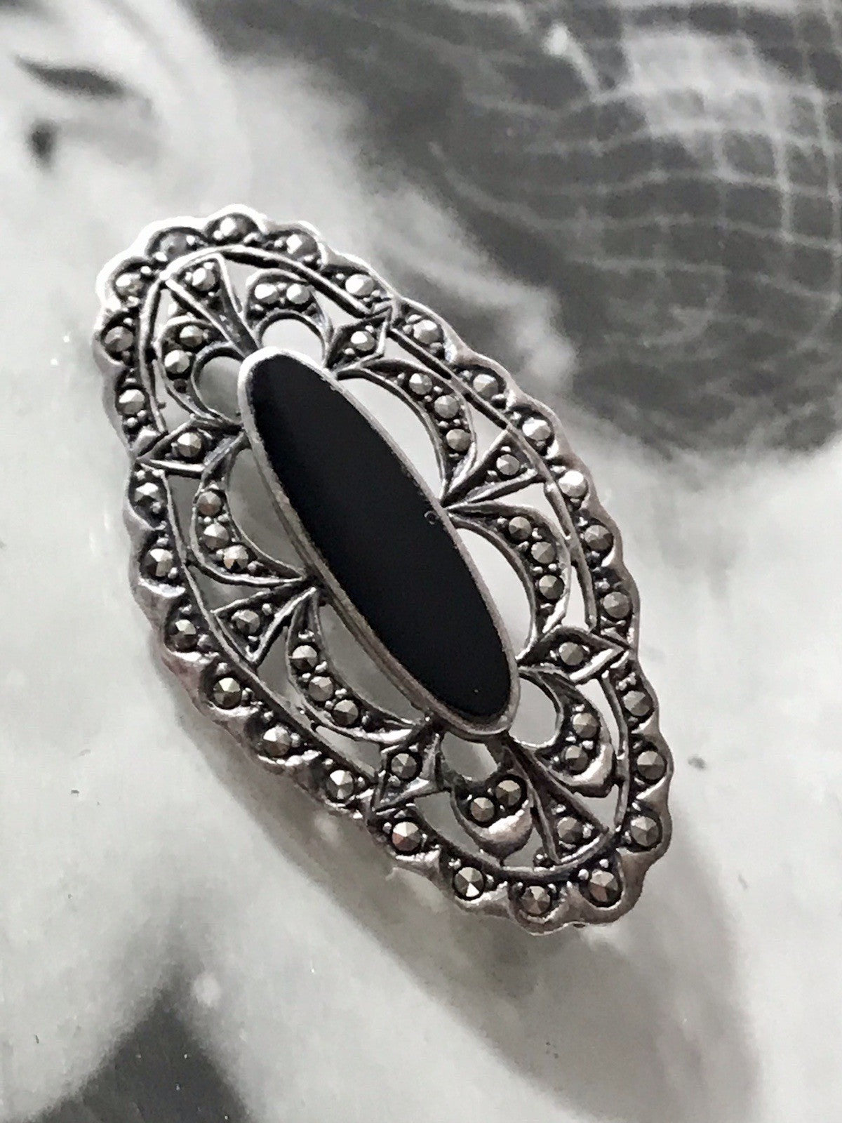 Antik Art Déco Edel Silber 925er Markasiten Onyx Edel Brosche
